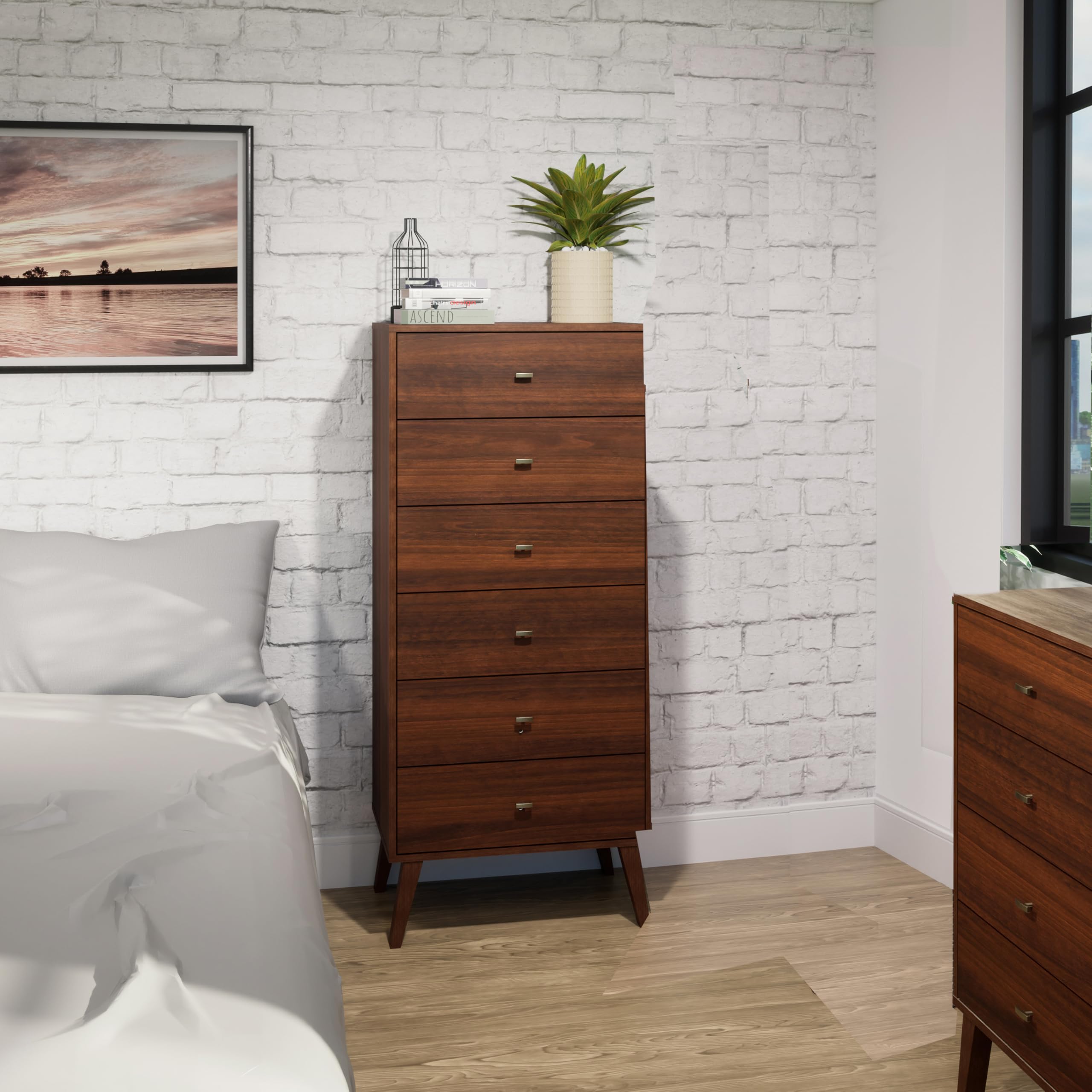 Milo Mid-Century Modern 6 Drawer Dresser, Tall and Narrow Chest of Drawers