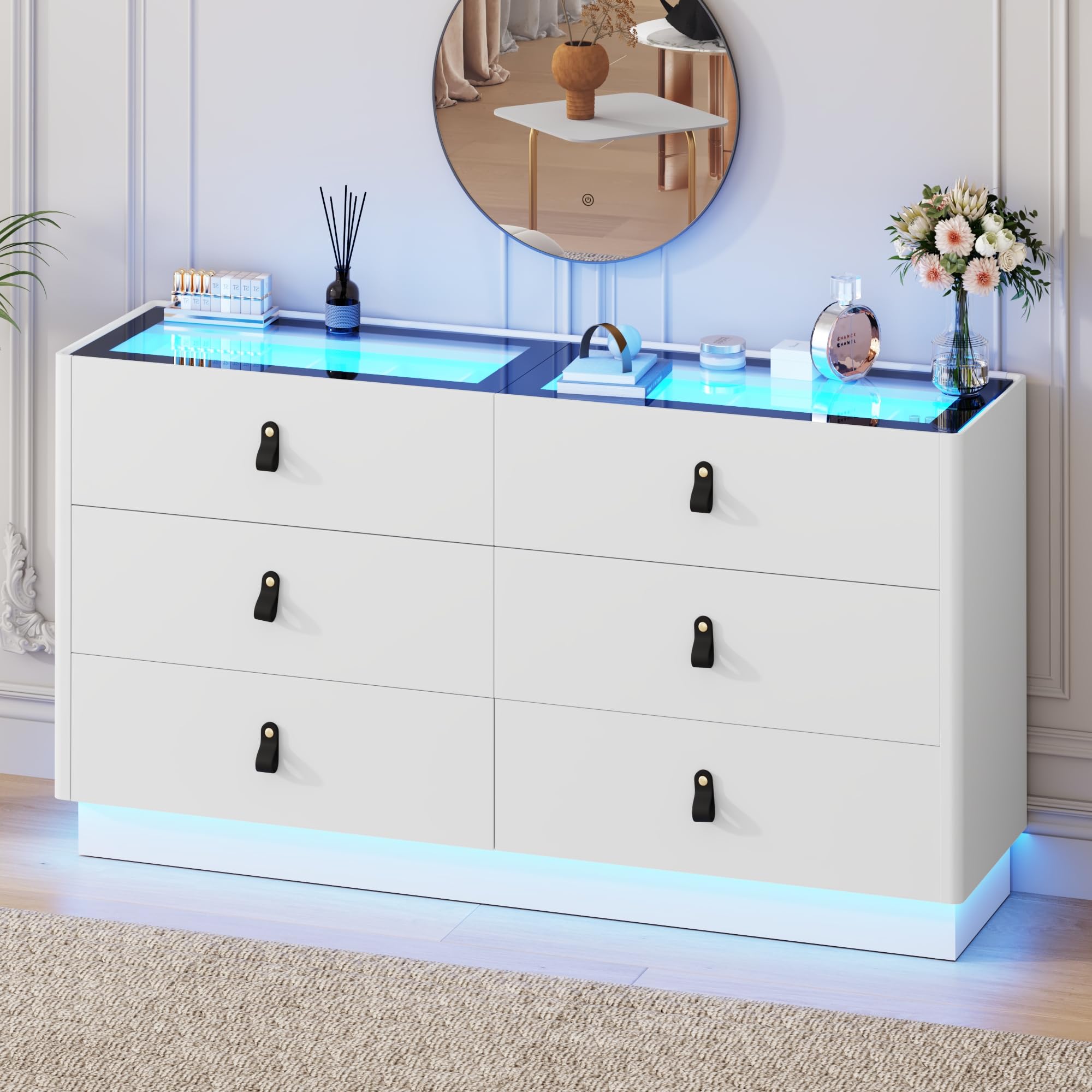 59 Inch Dresser with Jewelry Drawers & Glass Top, Modern Chest of Drawers