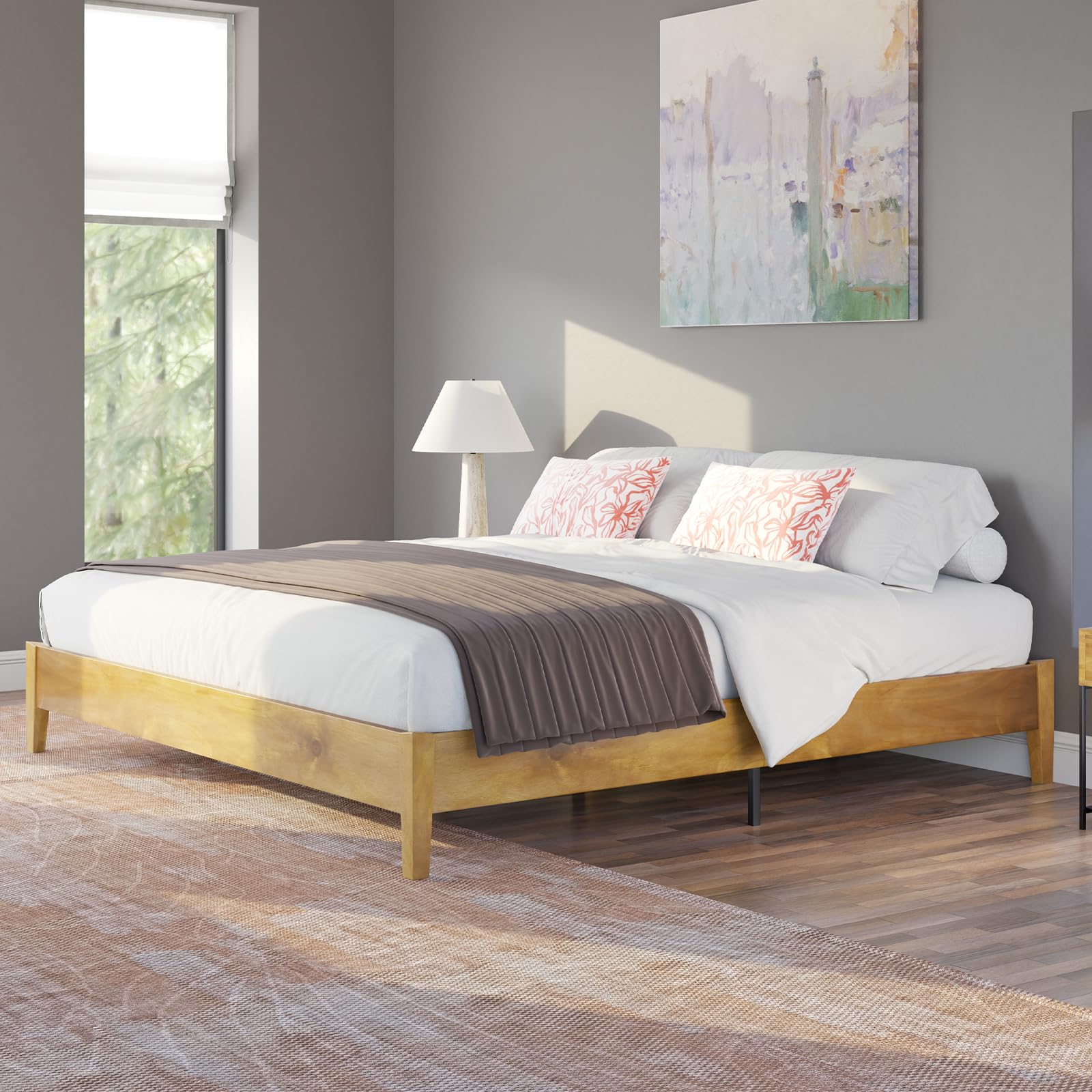 King Size Solid Wood Bed Frame, Mid Century Modern Platform Bed with No Headboard