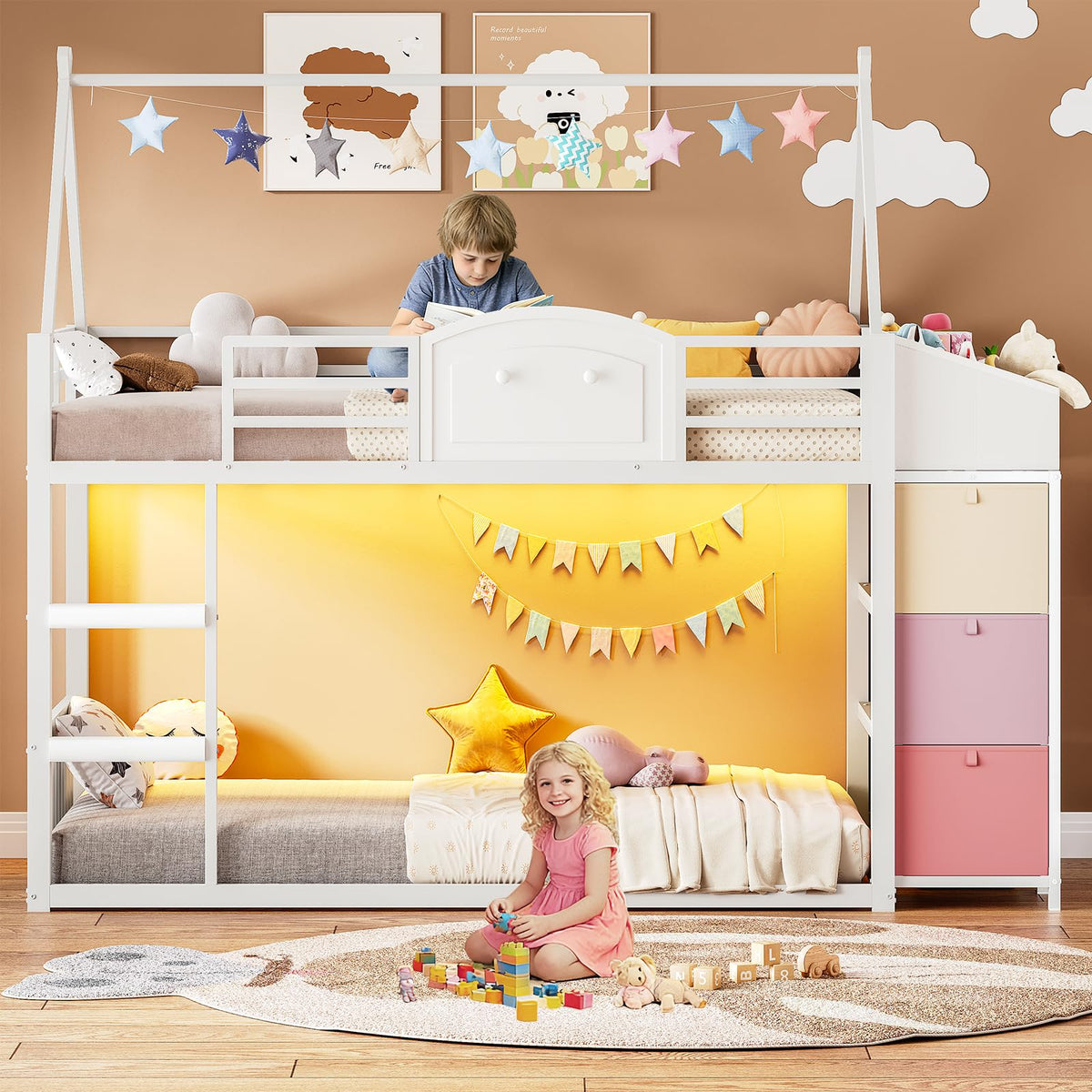 Twin Over Twin Metal Bunk Bed with Storage, LED Lights & House Roof