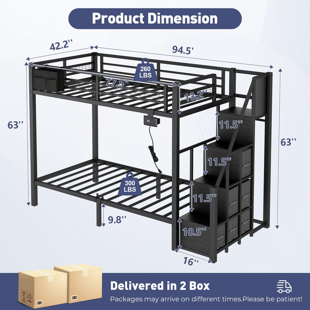Metal Bunk Bed with Storage Stairs, Drawers & USB Charging Station