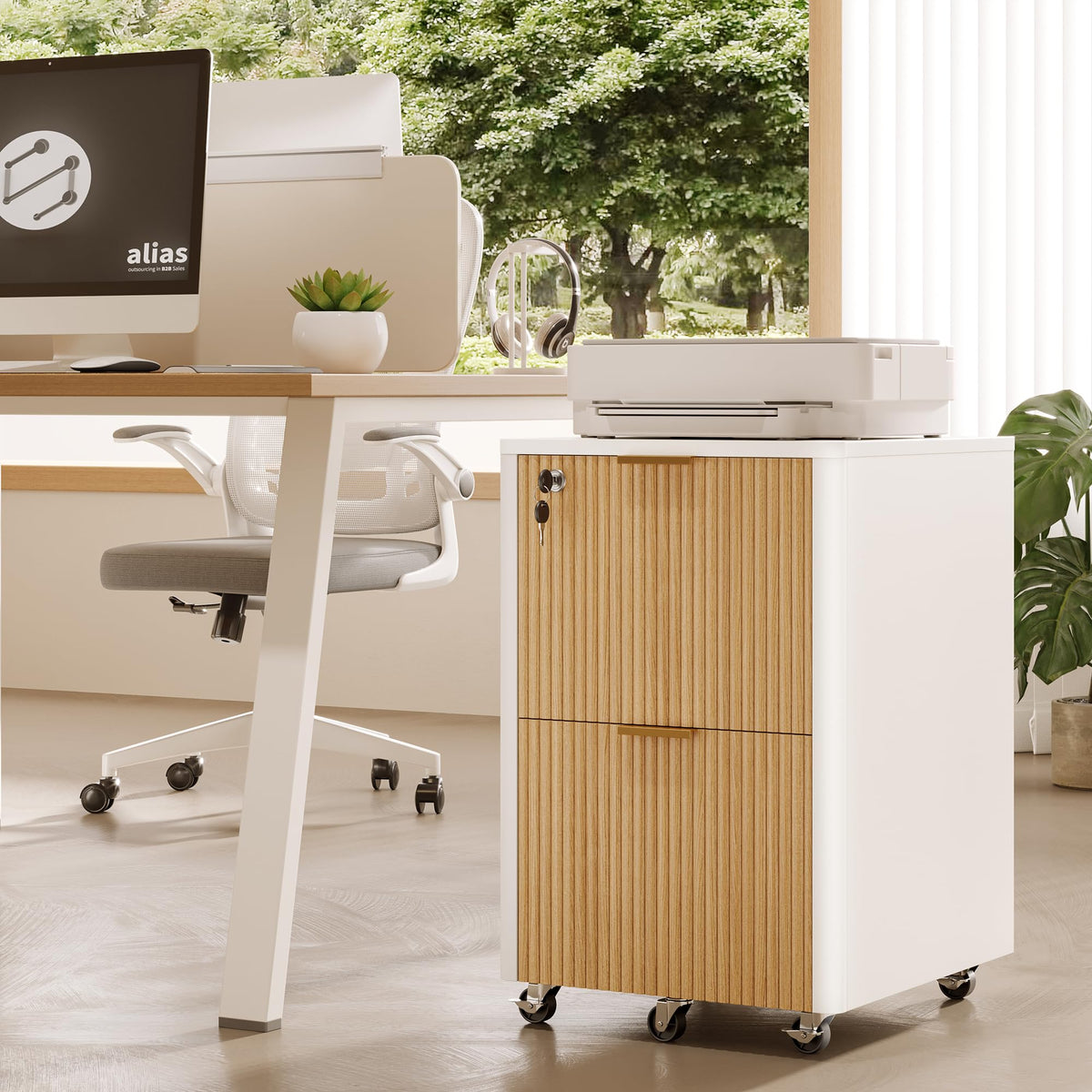 2-Drawer Fluted Wood Mobile Filing Cabinet with Lock & Wheels
