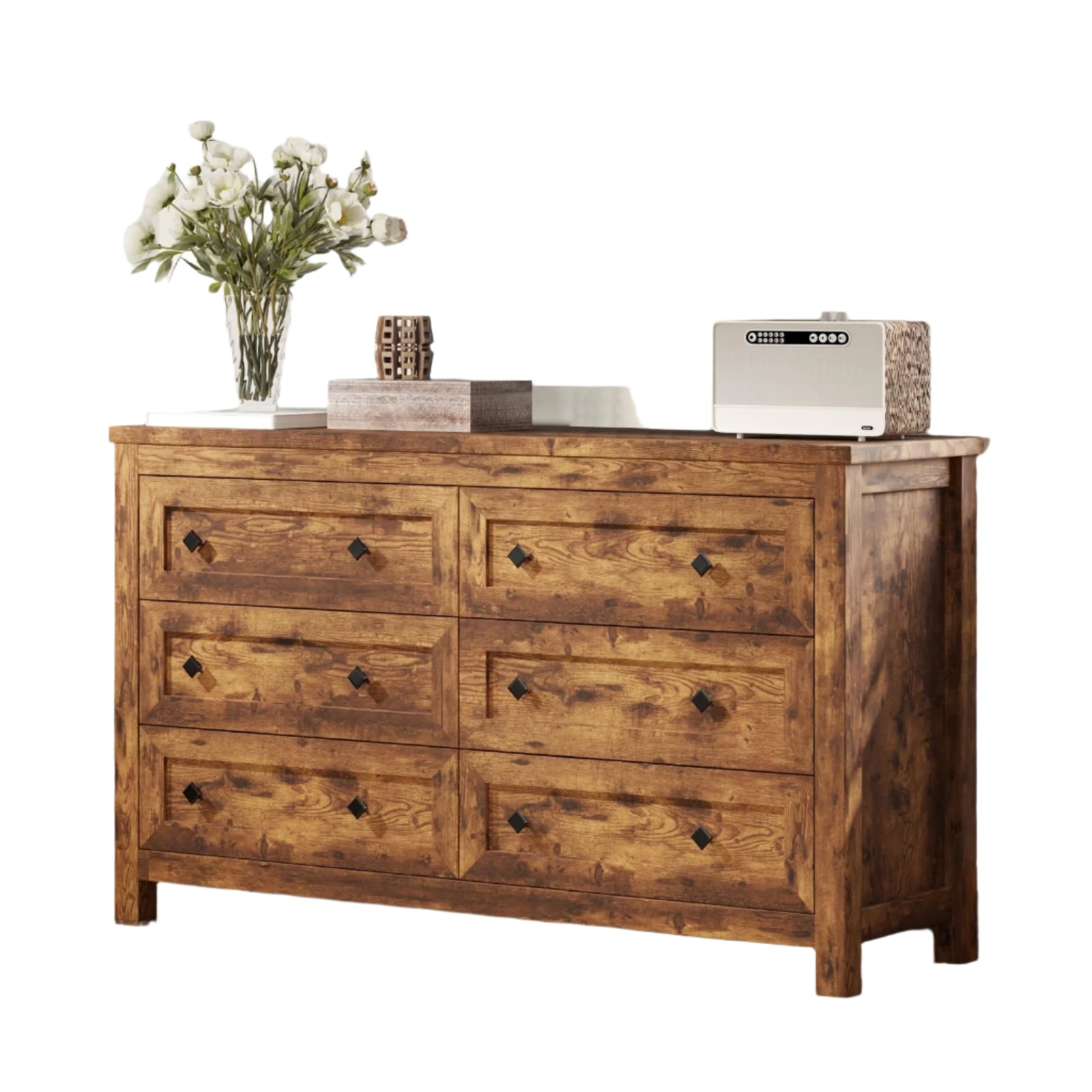 54" Wood Dresser with 6 Drawers, Farmhouse TV Stand & Storage