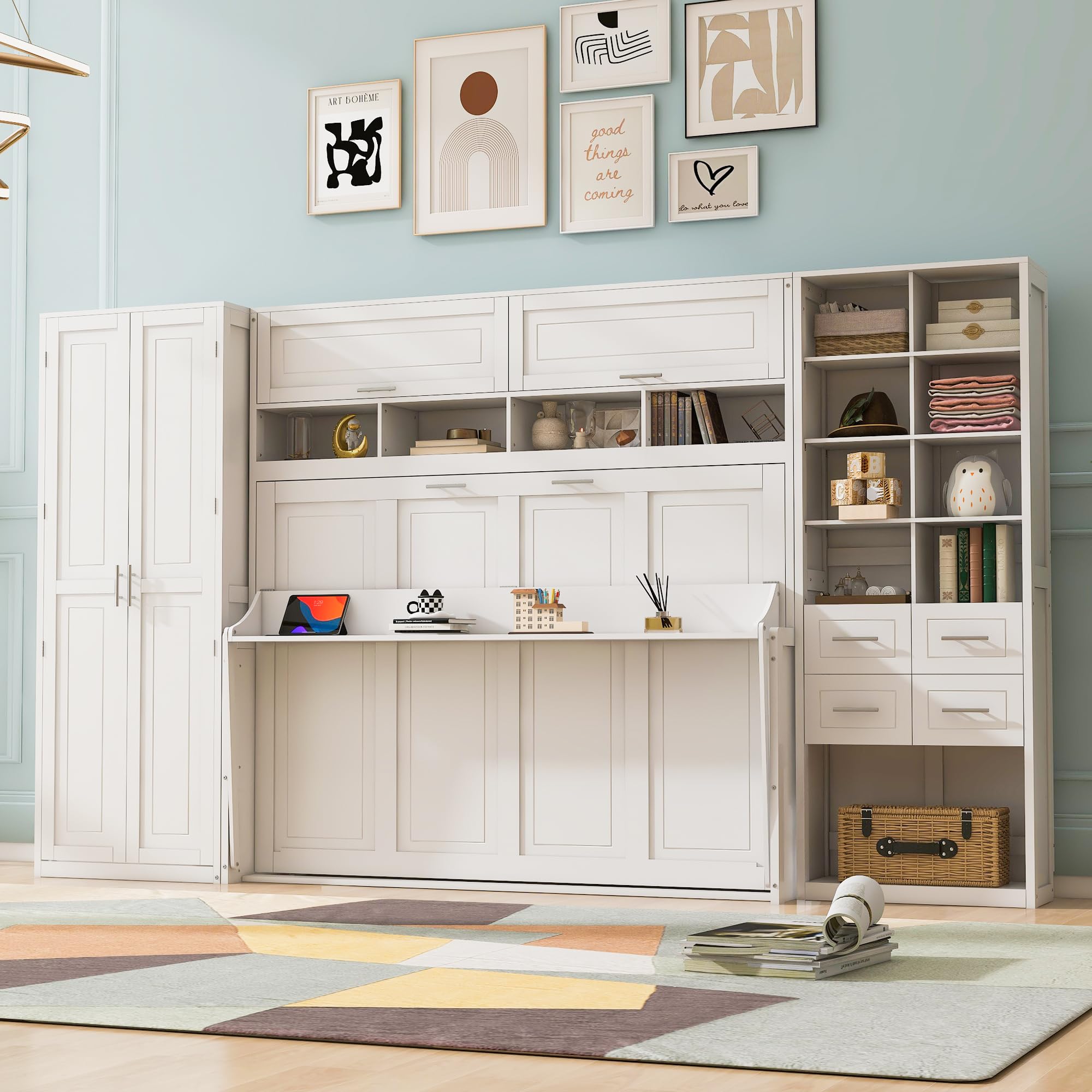 Full Murphy Bed with Closet, Wall Bed with Drawers and Shelves