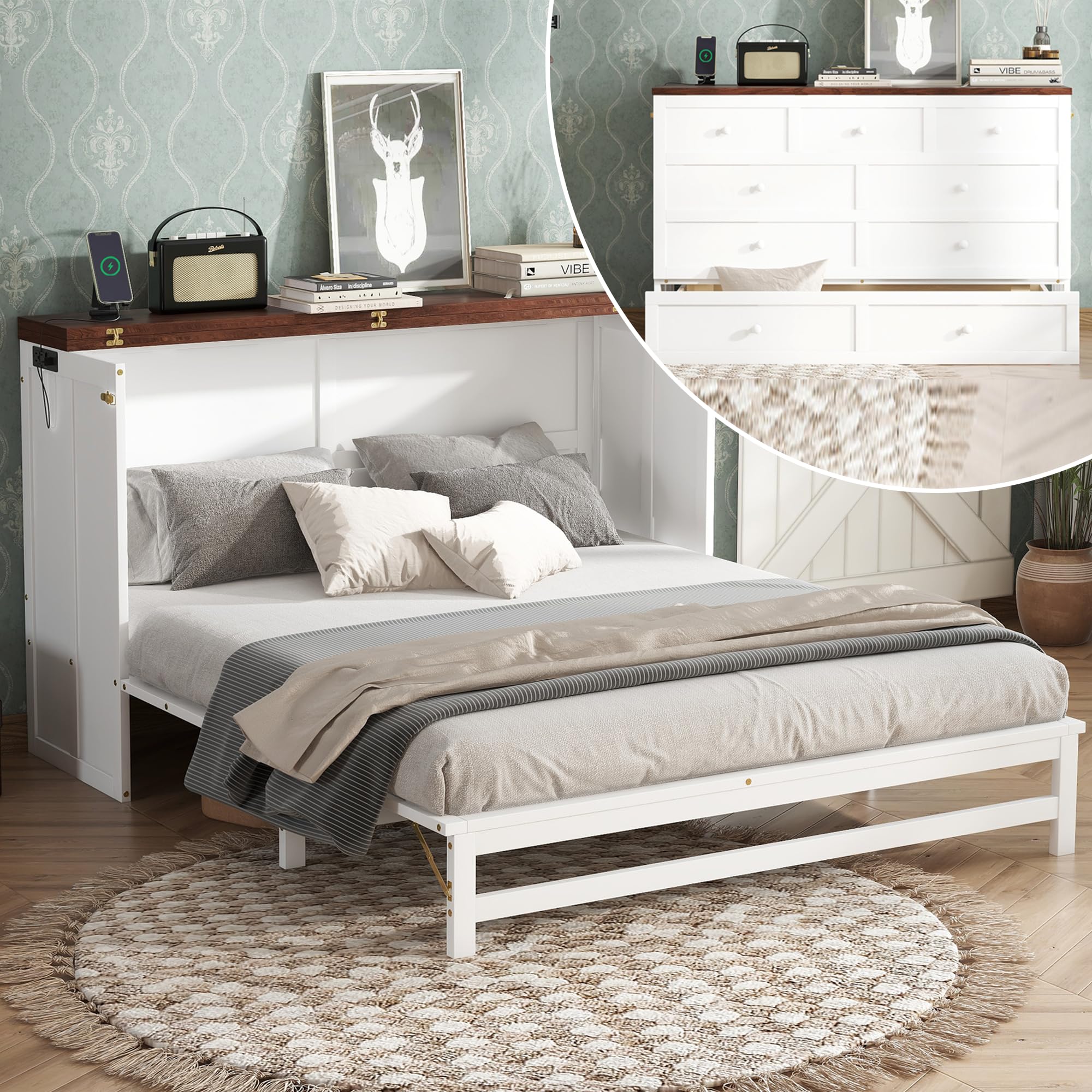 Queen Size Murphy Beds with Storage,Cabinet Bed and Charging Station