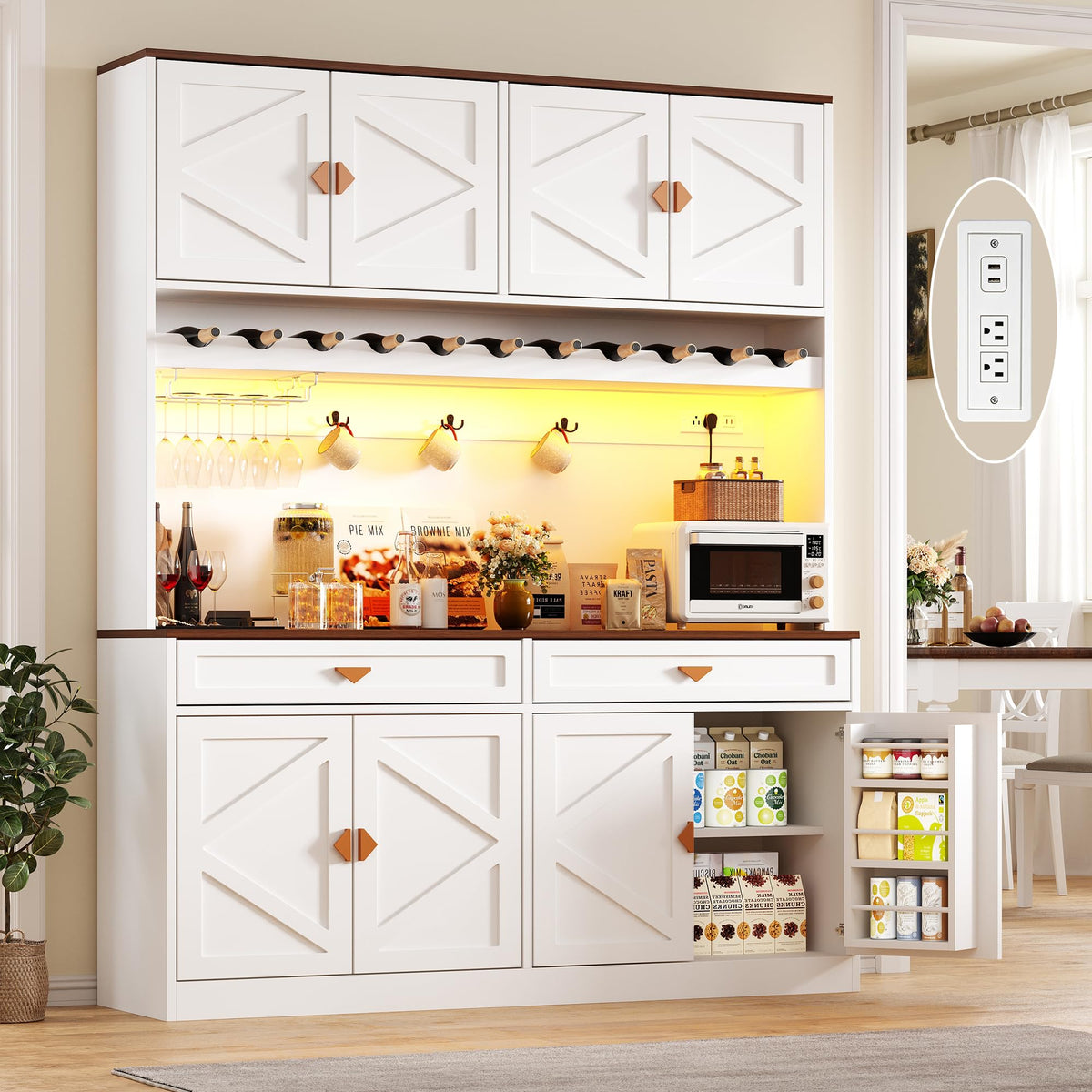 Tall Kitchen Pantry Cabinet with LED Light, Charging Station & Wine Rack