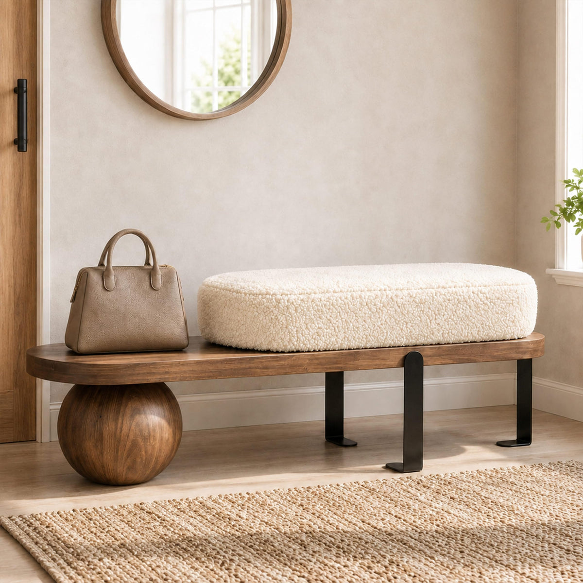 Sherpa Upholstered Entryway Bench with Wood & Metal Frame