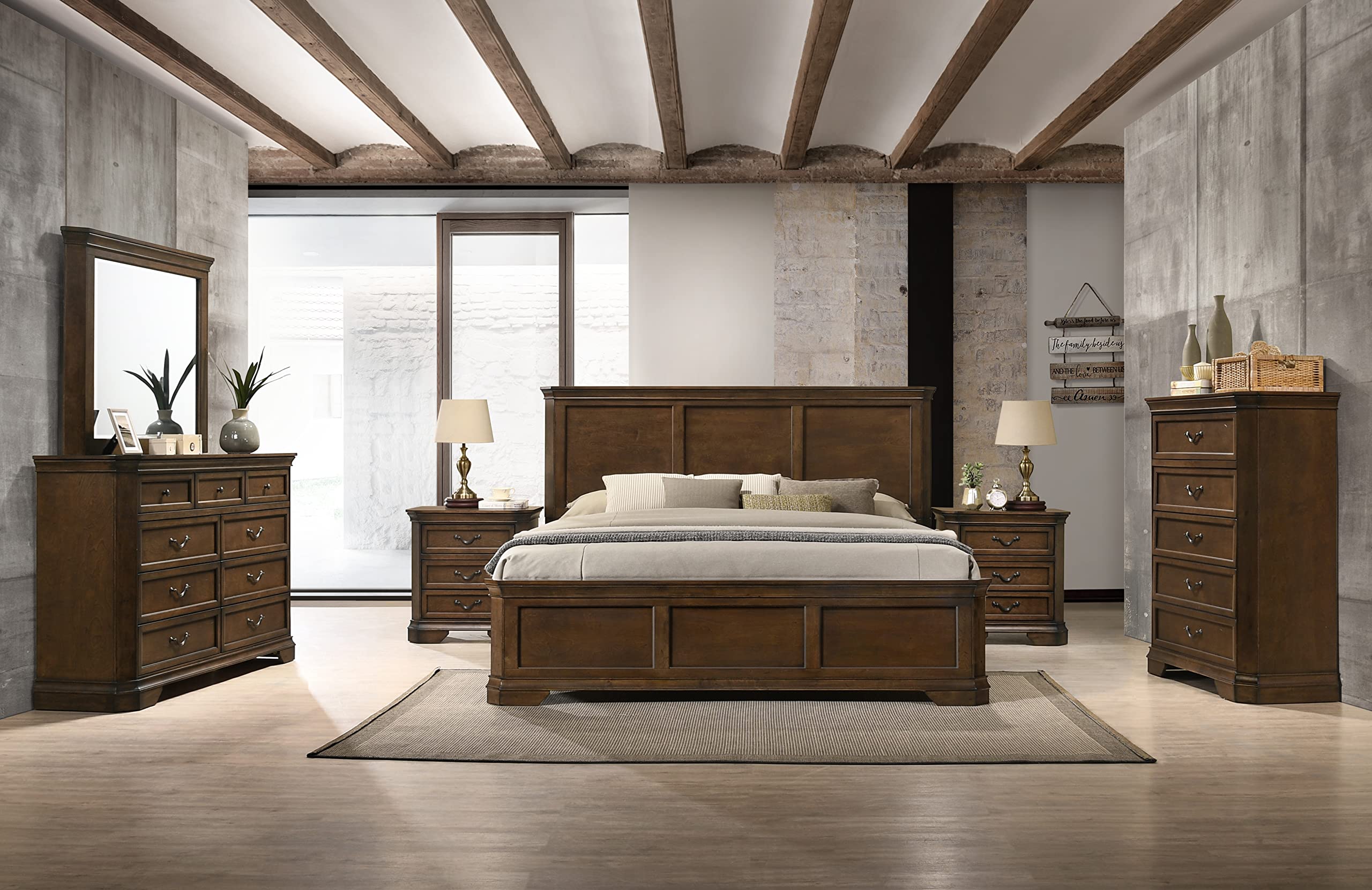 Maderne Traditional Wood Panel Bed with Dresser, Mirror, Two Nightstands