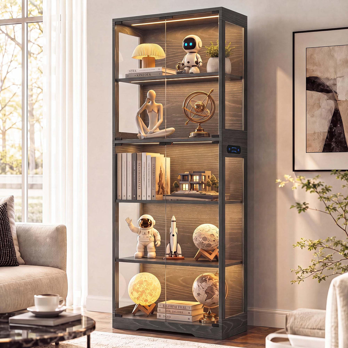 Glass Display Cabinet with LED Lights and Motion Sensor