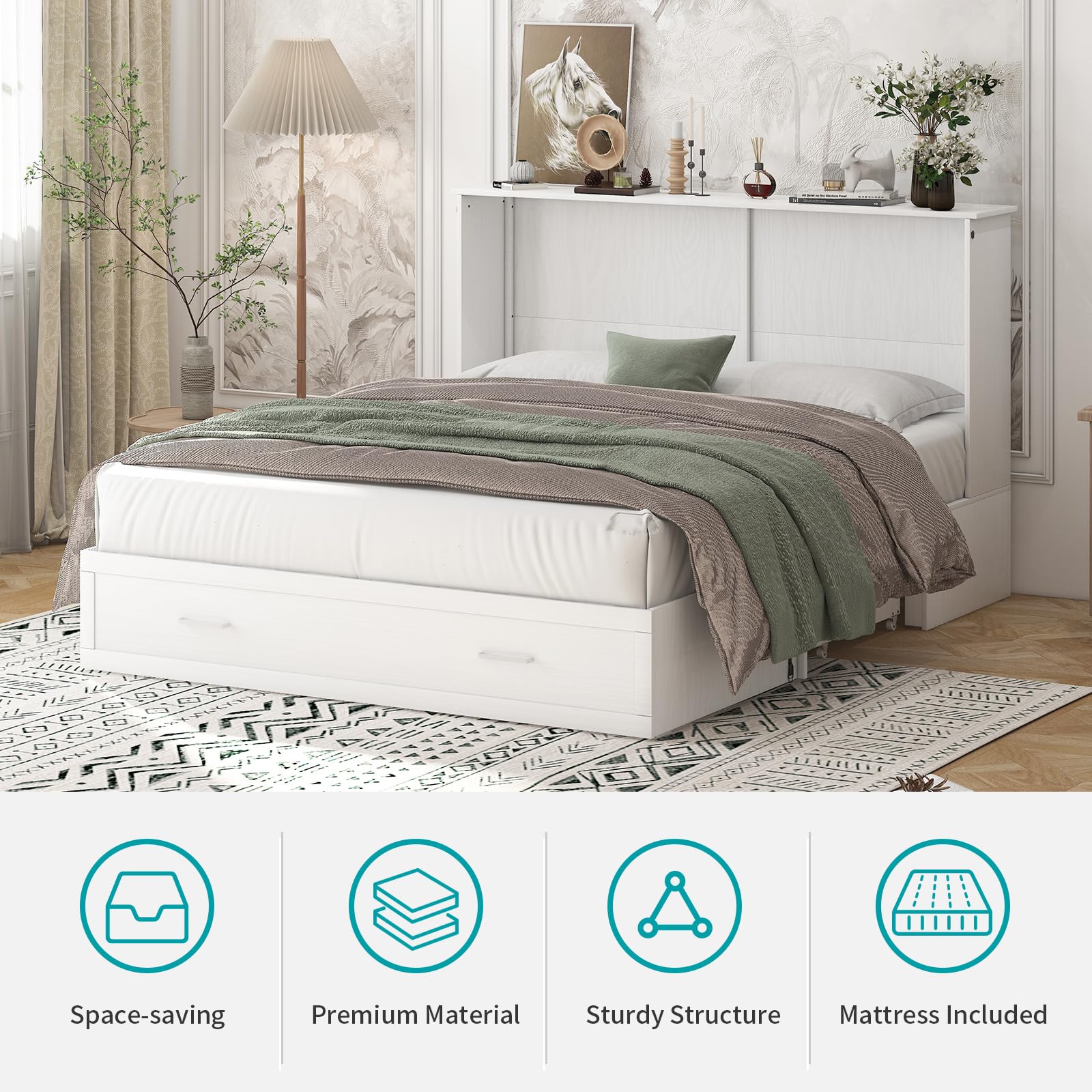 Murphy Bed, Queen Cabinet Chest Bed with Mattress, USB Charging Station