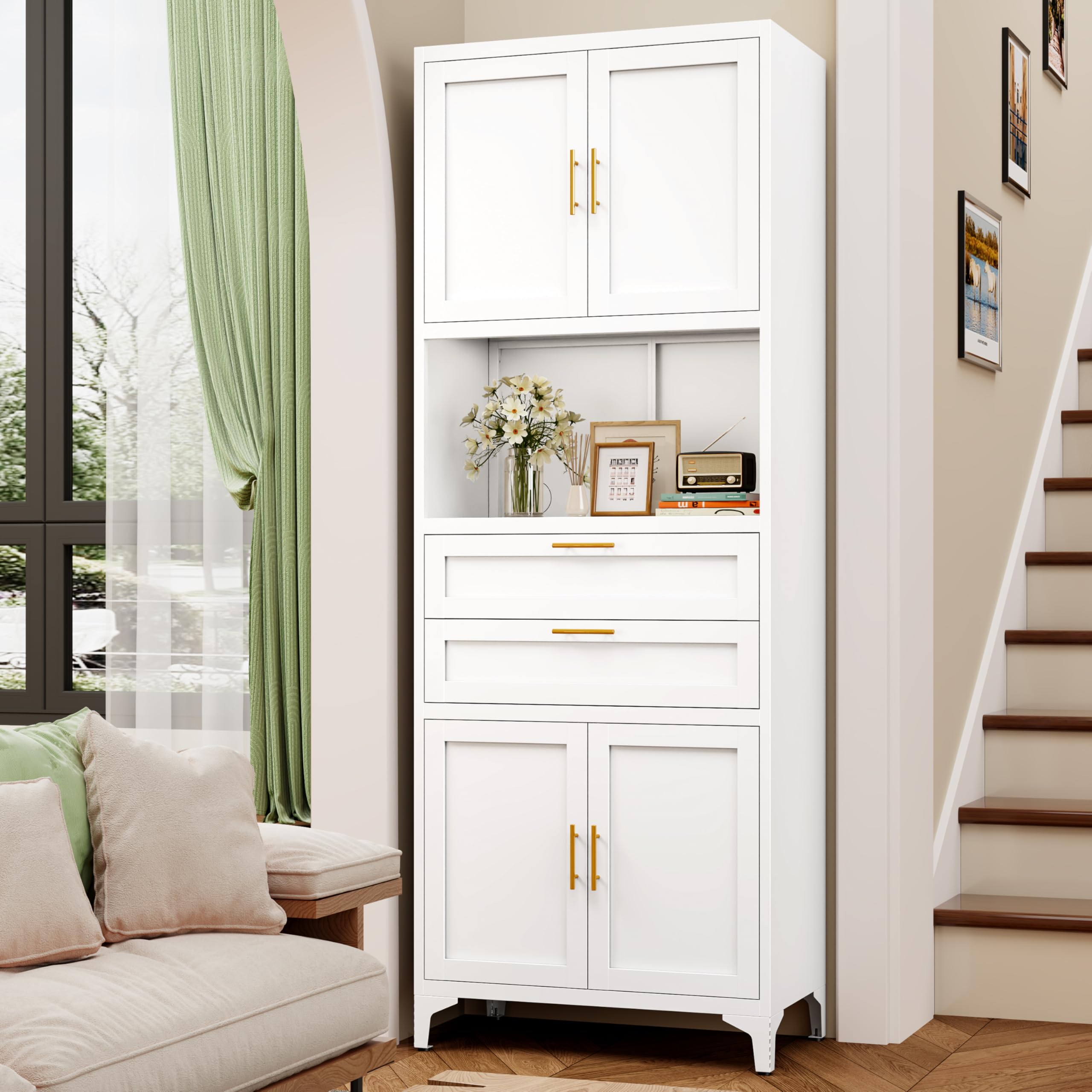 75" Metal Kitchen Pantry Cabinet with Glass Doors & Drawers