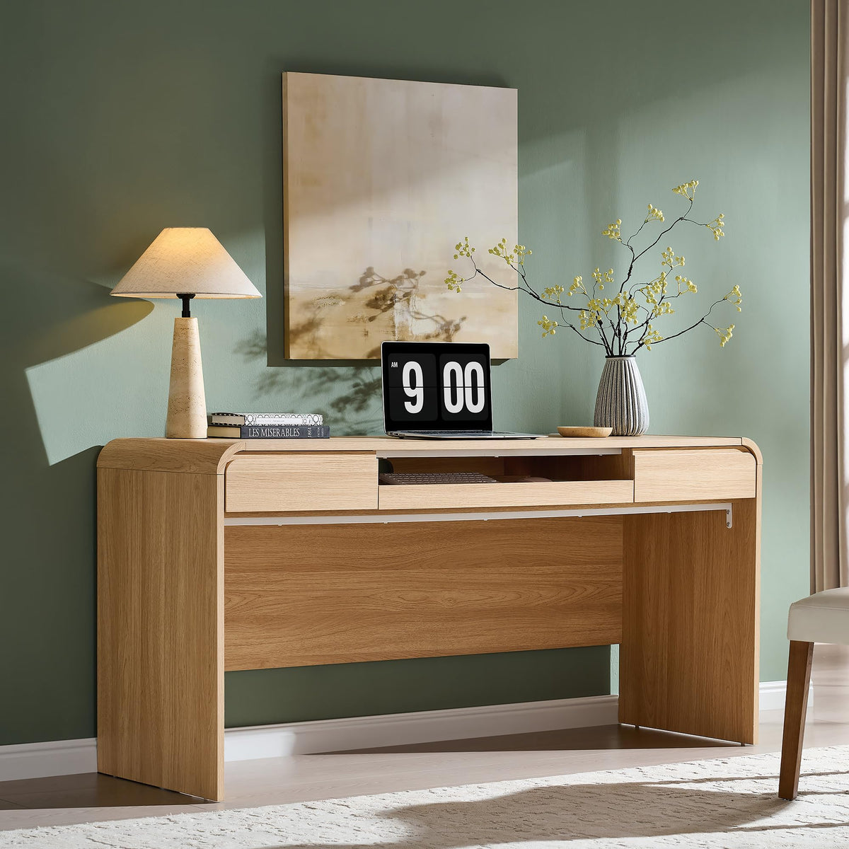63" Curved Computer Desk with Charging Station & Keyboard Tray