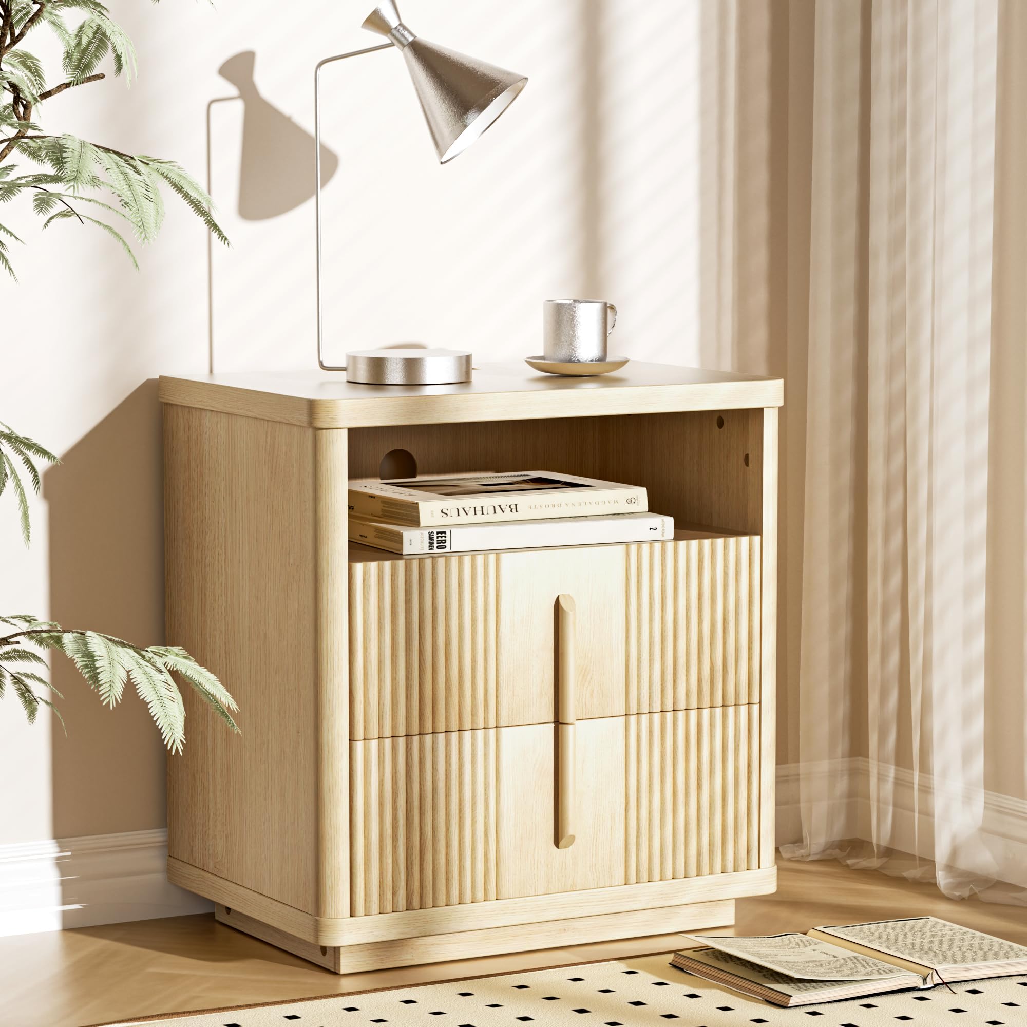 Nightstand with Charging Station, 22.8" Modern End Table with 2 Storage Drawers