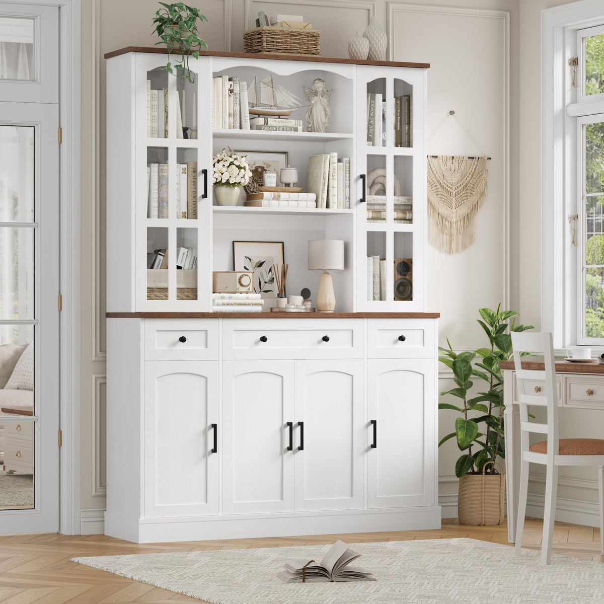 Tall Pantry Cabinet with Microwave Stand & Glass Doors