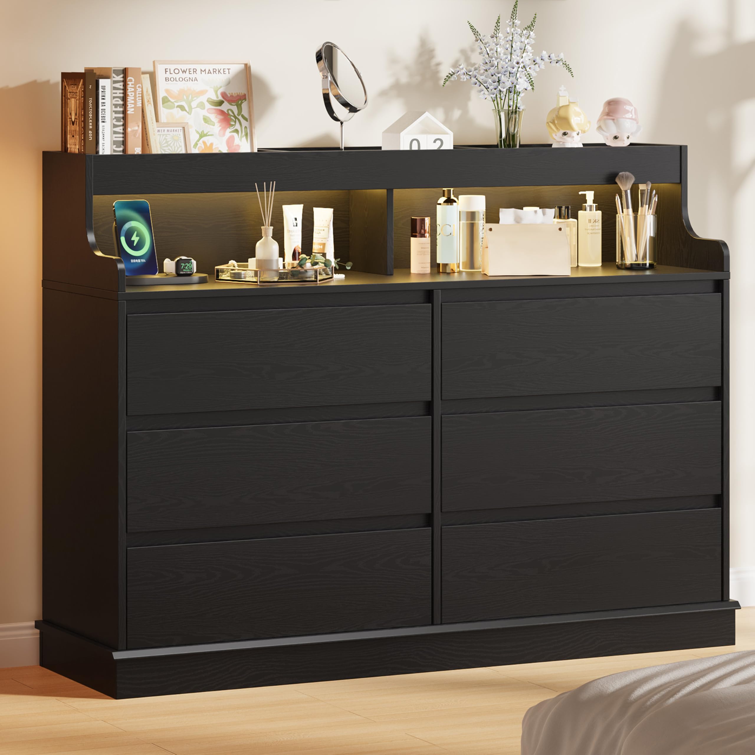 Dresser for Bedroom, 6 Drawer Dresser with LED Lights and Charging Station