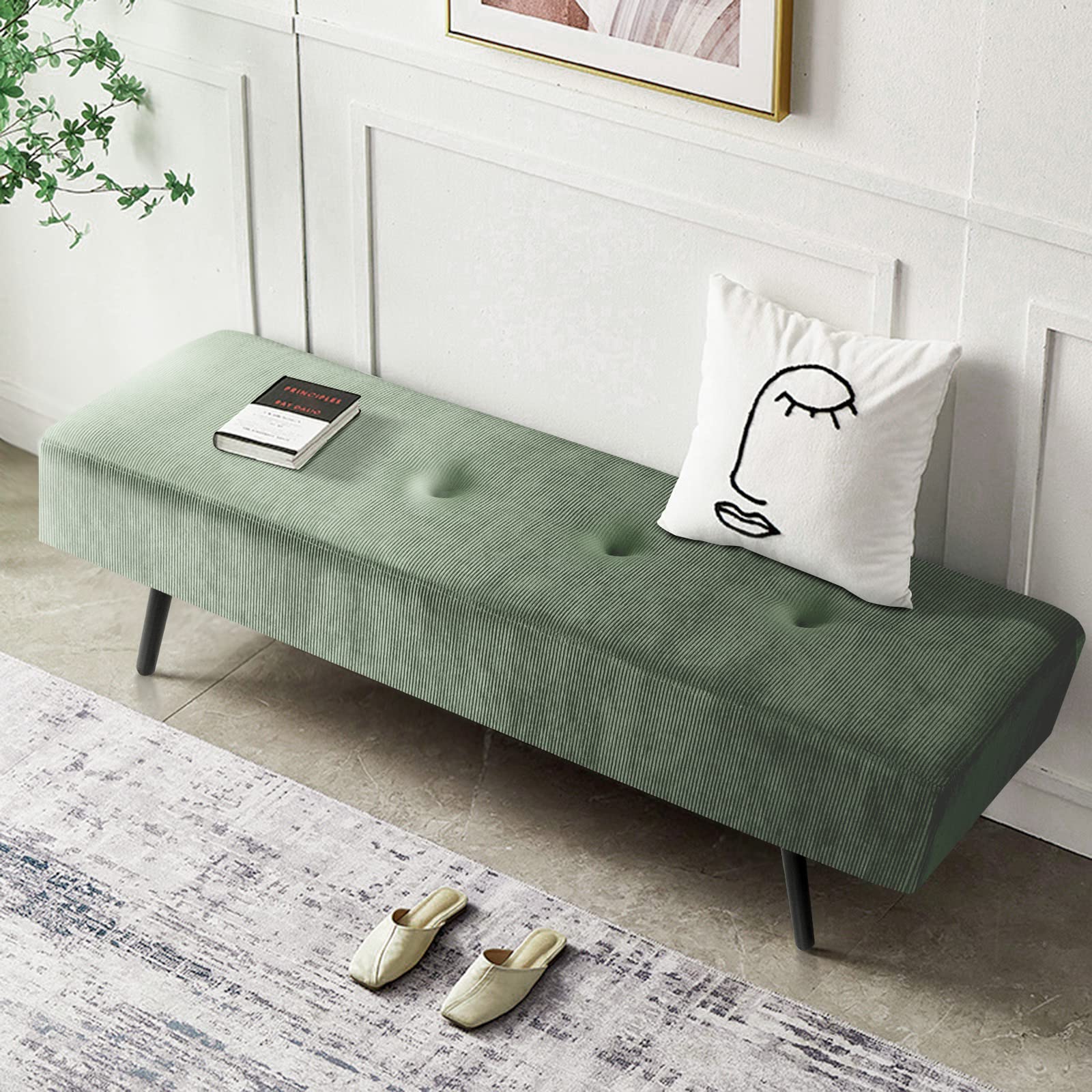 Entryway Bench - Green Bench for Bedroom, Modern Ottoman End of Bed