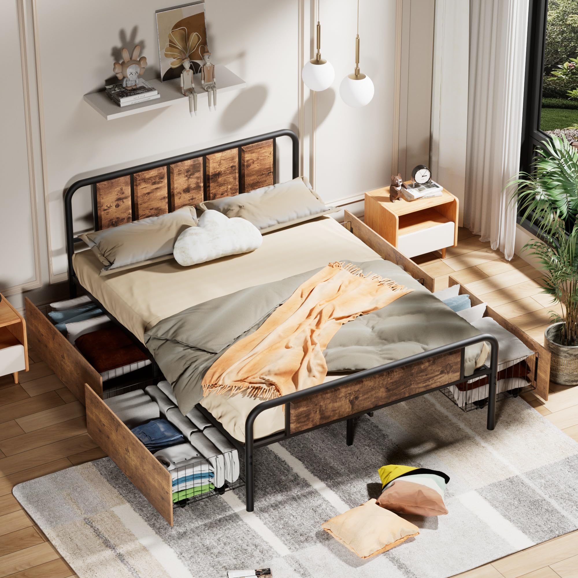 Queen Size Metal Platform Bed Frame with Wooden Headboard and 4 Storage