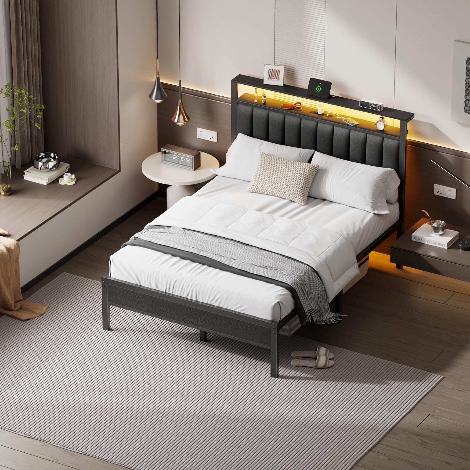 Queen Size Bed Frame with Charging Station and LED Lights, Platform Bed