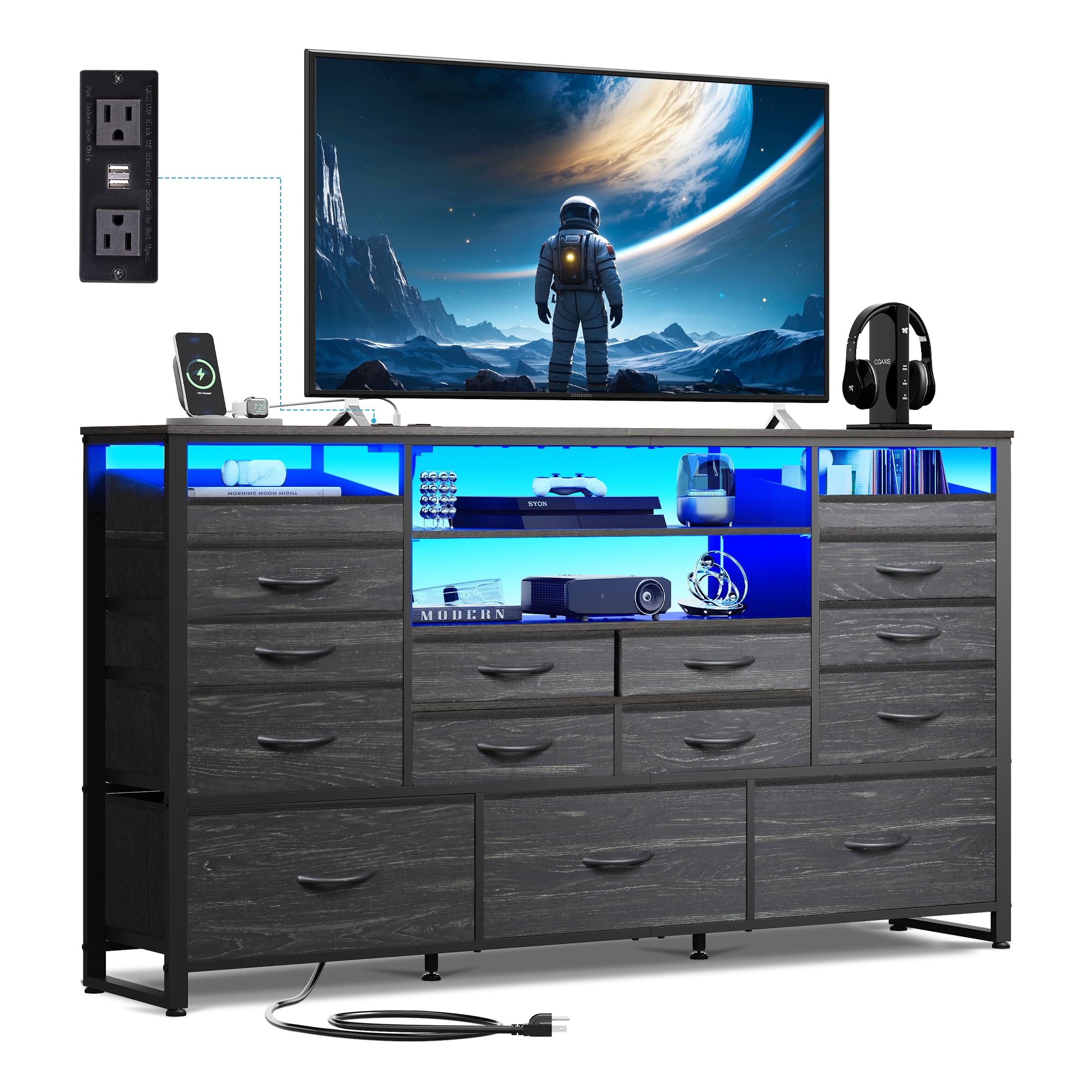 15 Drawer Dresser for Bedroom, Black Dresser TV Stand for 55, 60