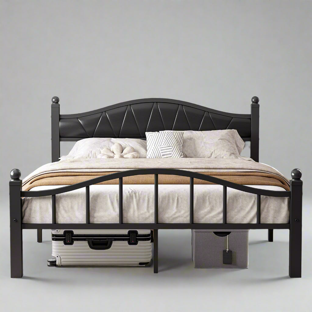 Metal Bed Frame Queen Size with Fabric Upholstered Headboard