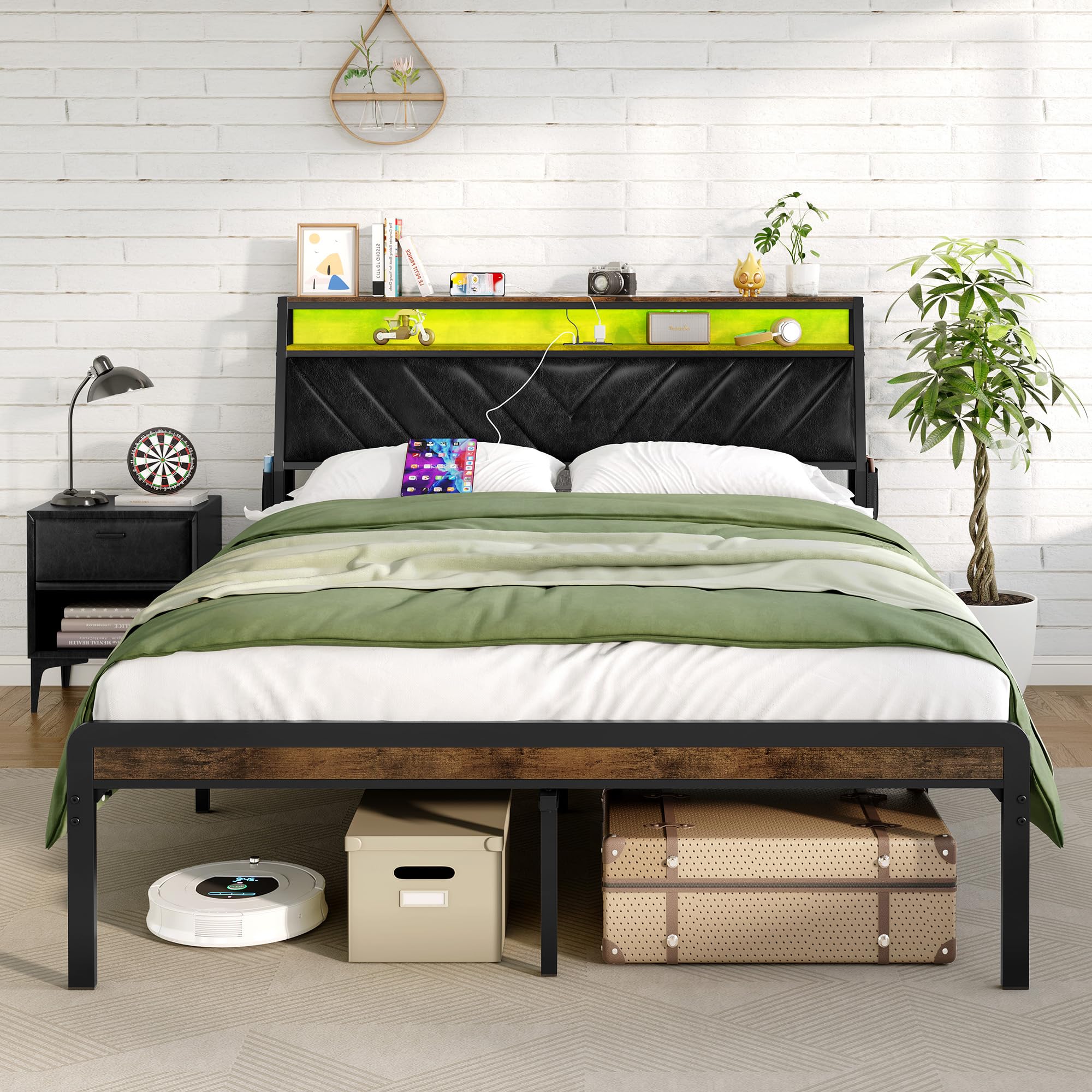 Full Size Bed Frame with Ergonomic Headboard, PU Upholstered Bed Frame with Storage