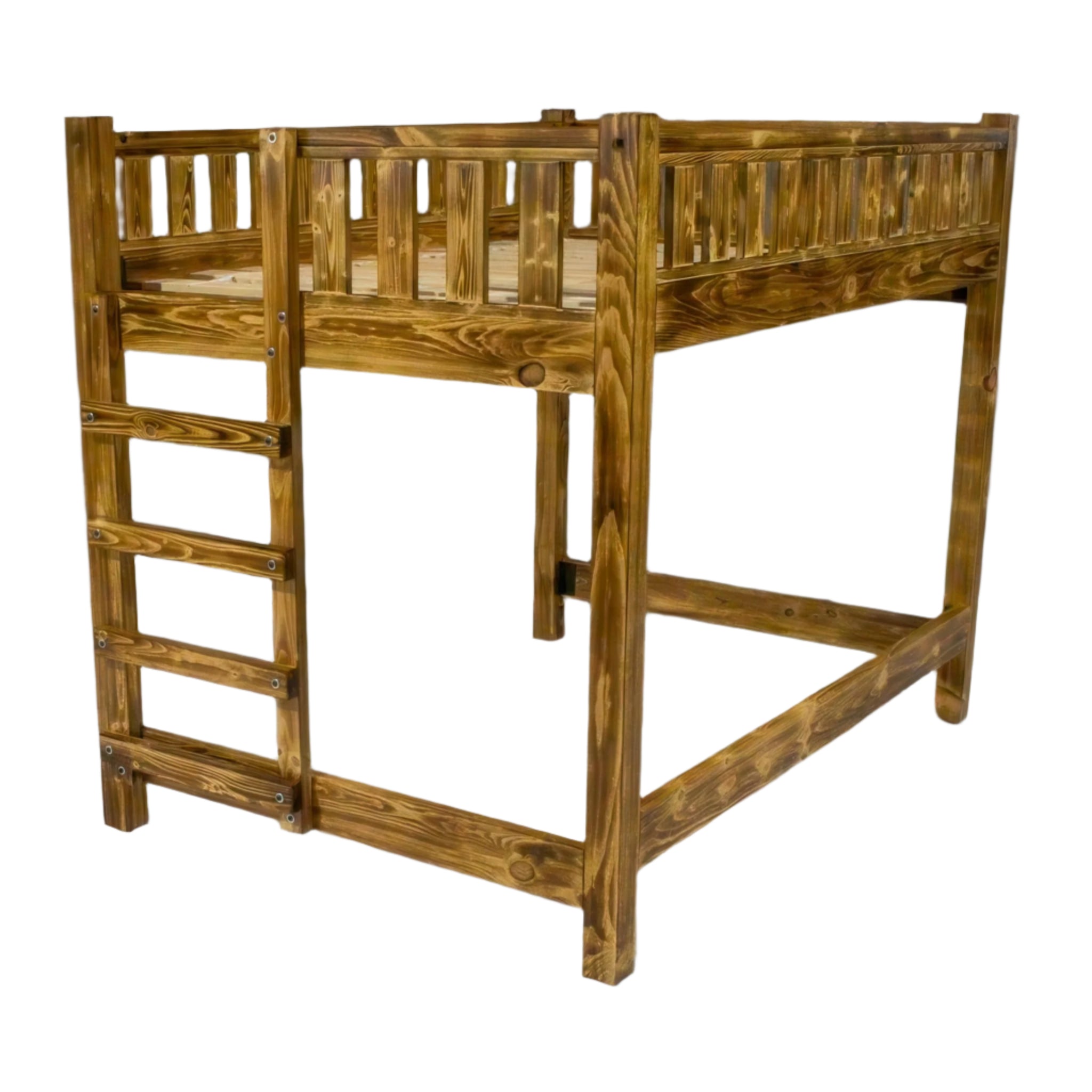 Wood Loft Bed Frame, Full Size - Torched Pine, Rustic, Heavy Duty, Adults, Kids