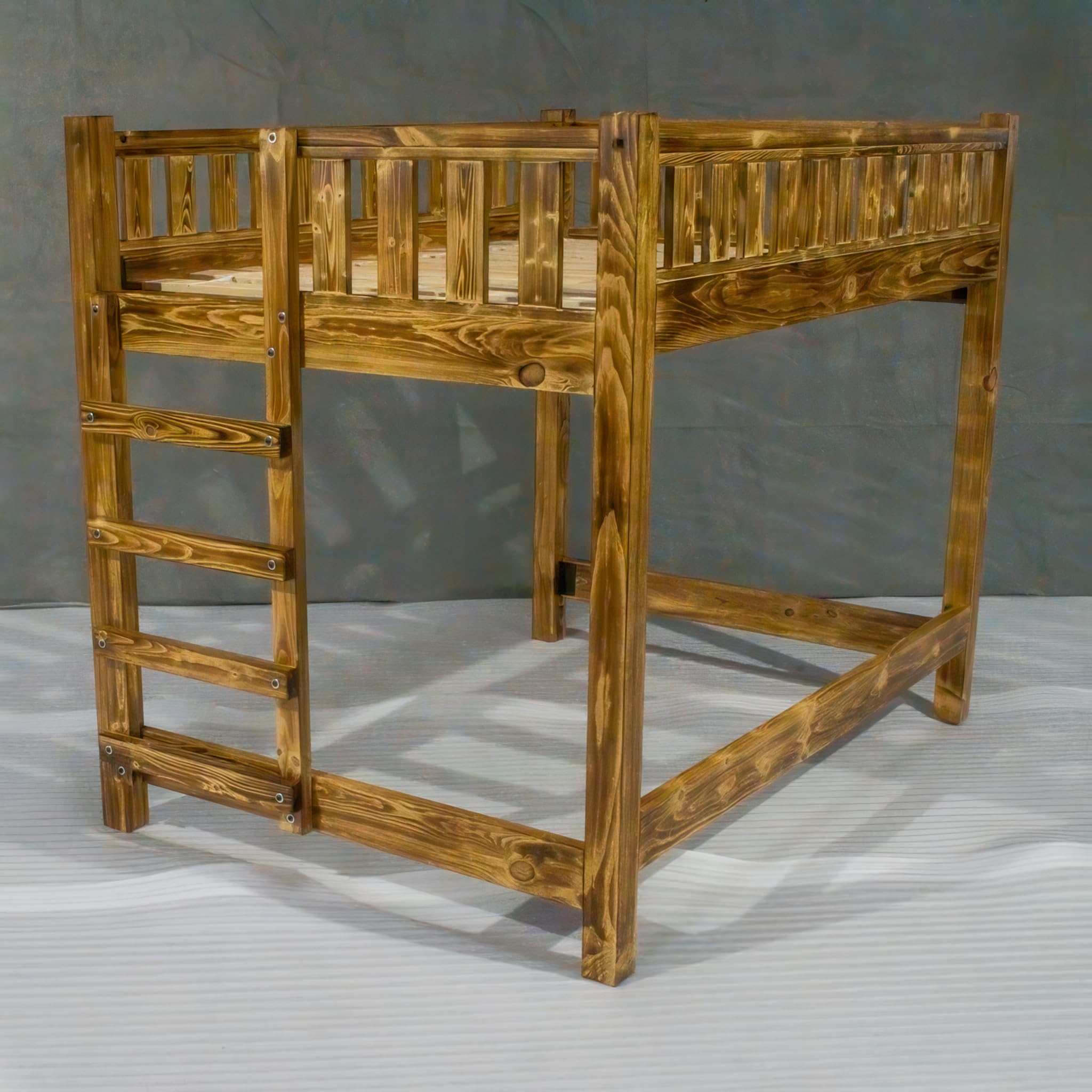 Farmhouse Wood Loft Bed Frame, Twin Size - Torched Pine, Rustic, Heavy Duty