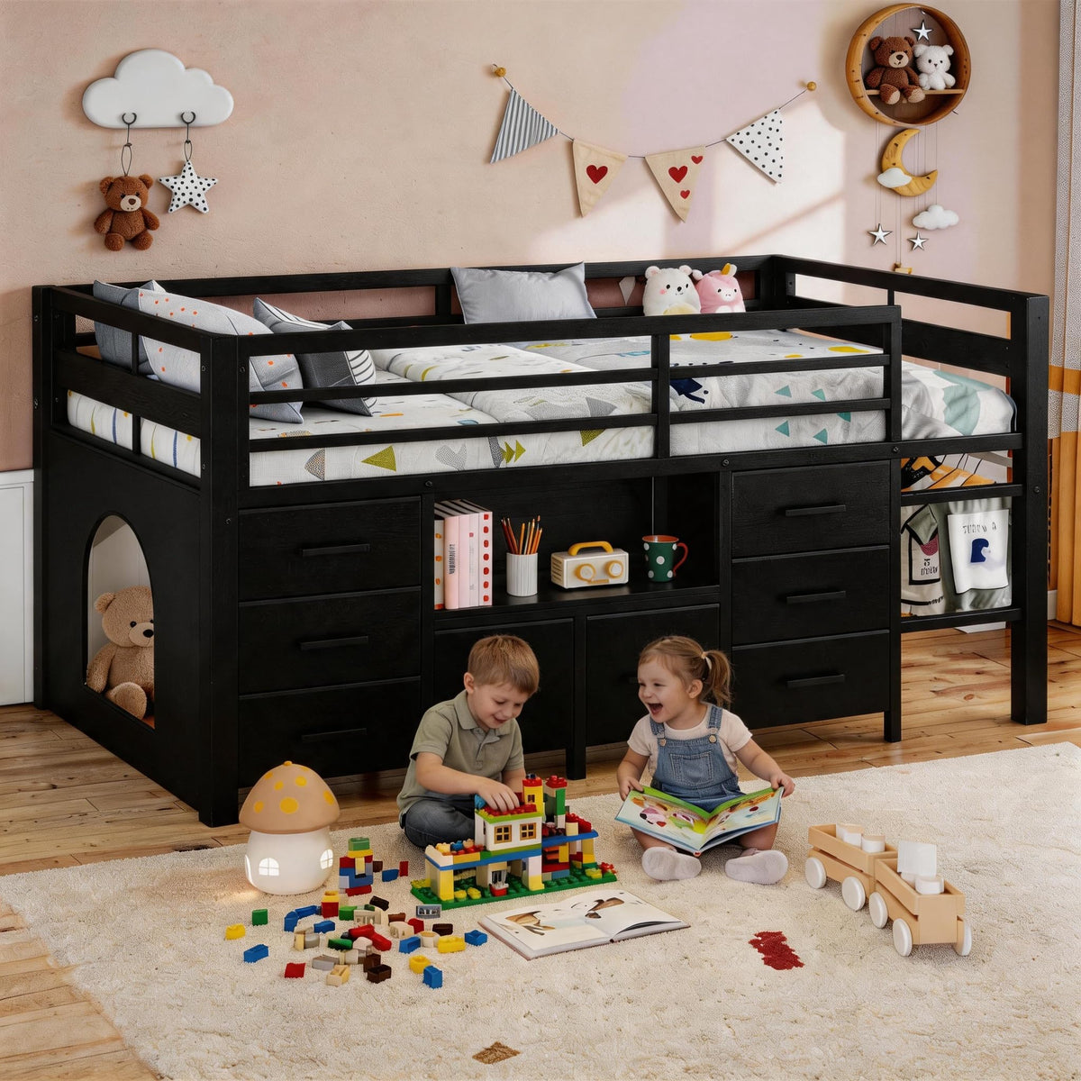 Twin Low Loft Bed with 8 Storage Drawers & Bookcase