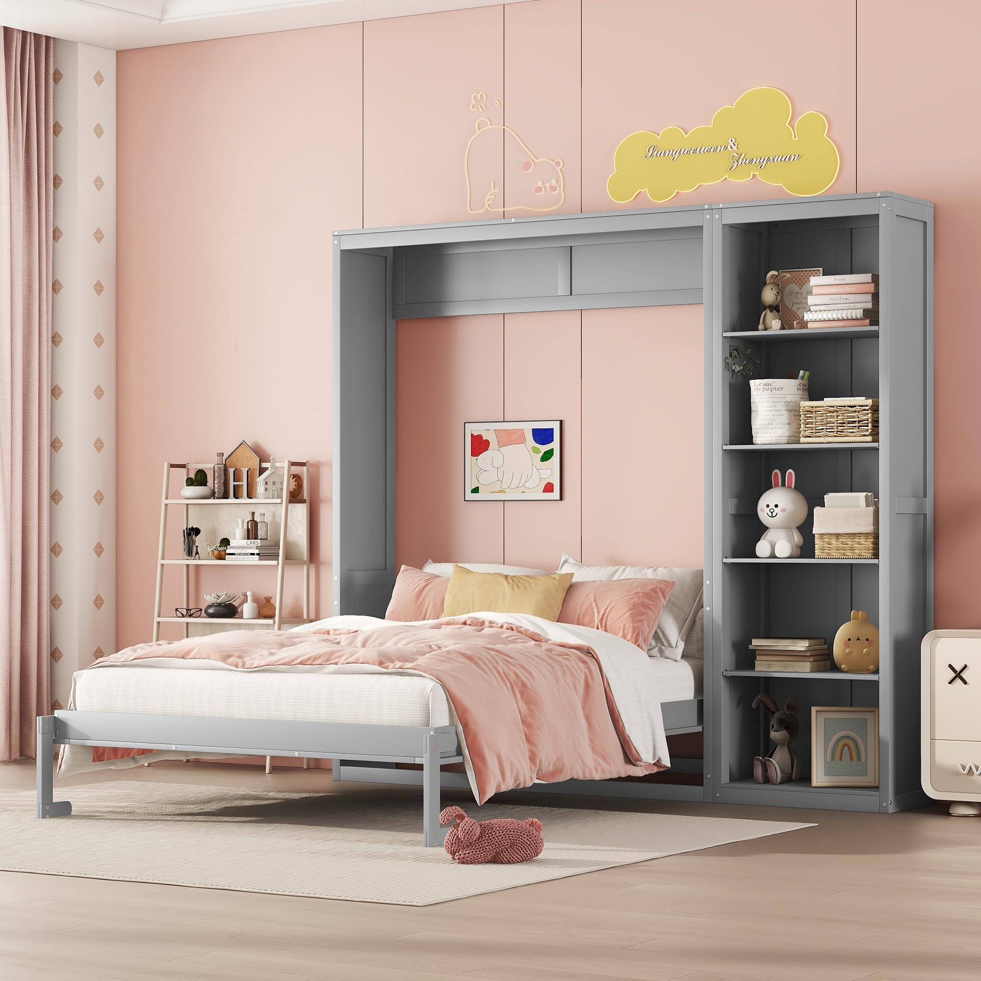 Murphy Bed with Adujstable Storage Shelves, Fold into The Wall