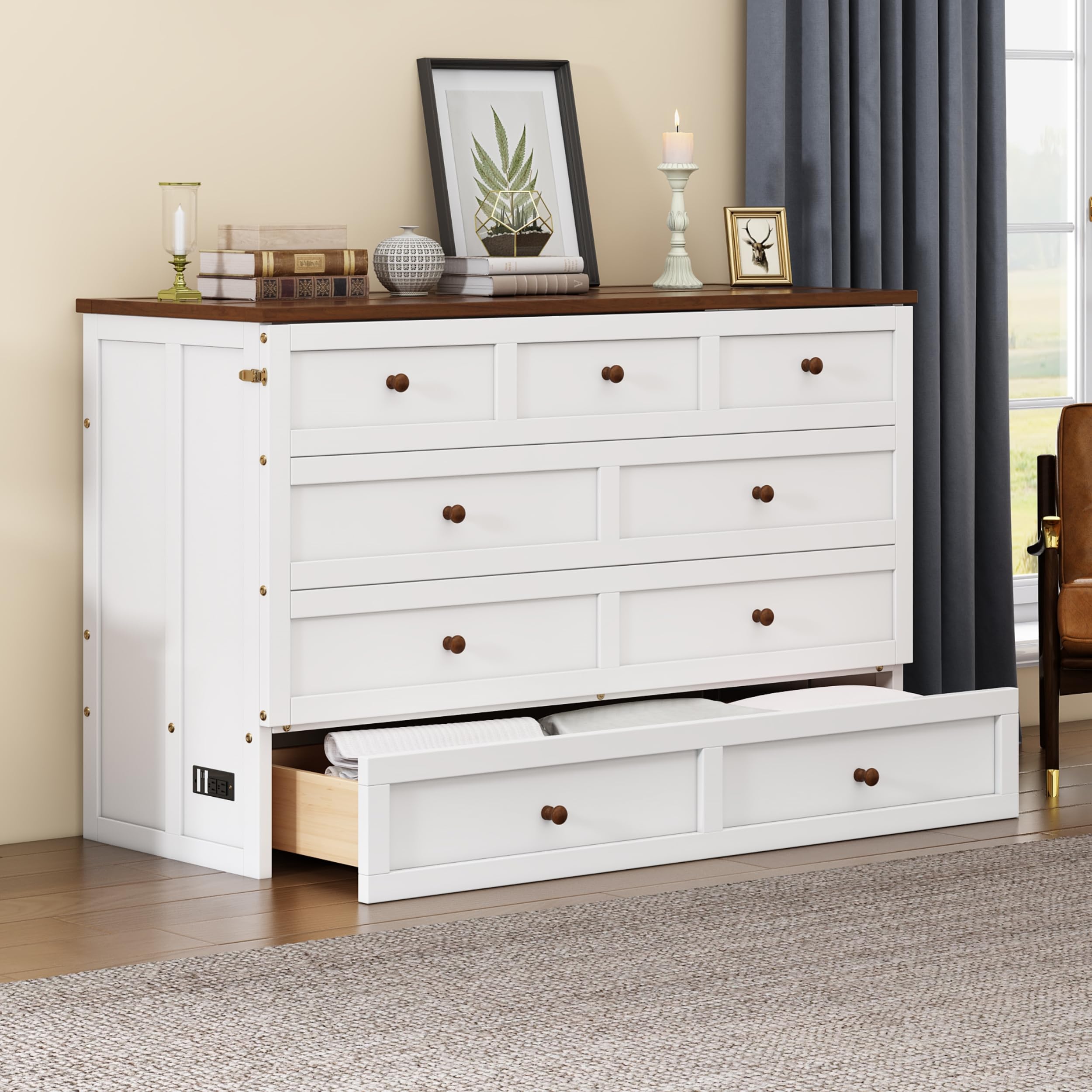 Queen Size Murphy Bed Cabinet with Charging Station and Large