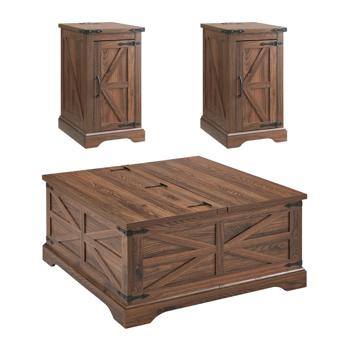 3-Piece Farmhouse Lift-Top Coffee Table Set with End Tables and Hidden Storage