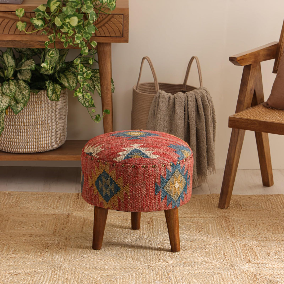16" Round Handmade Kilim Jute Pouf Ottoman Stool with Wood Legs