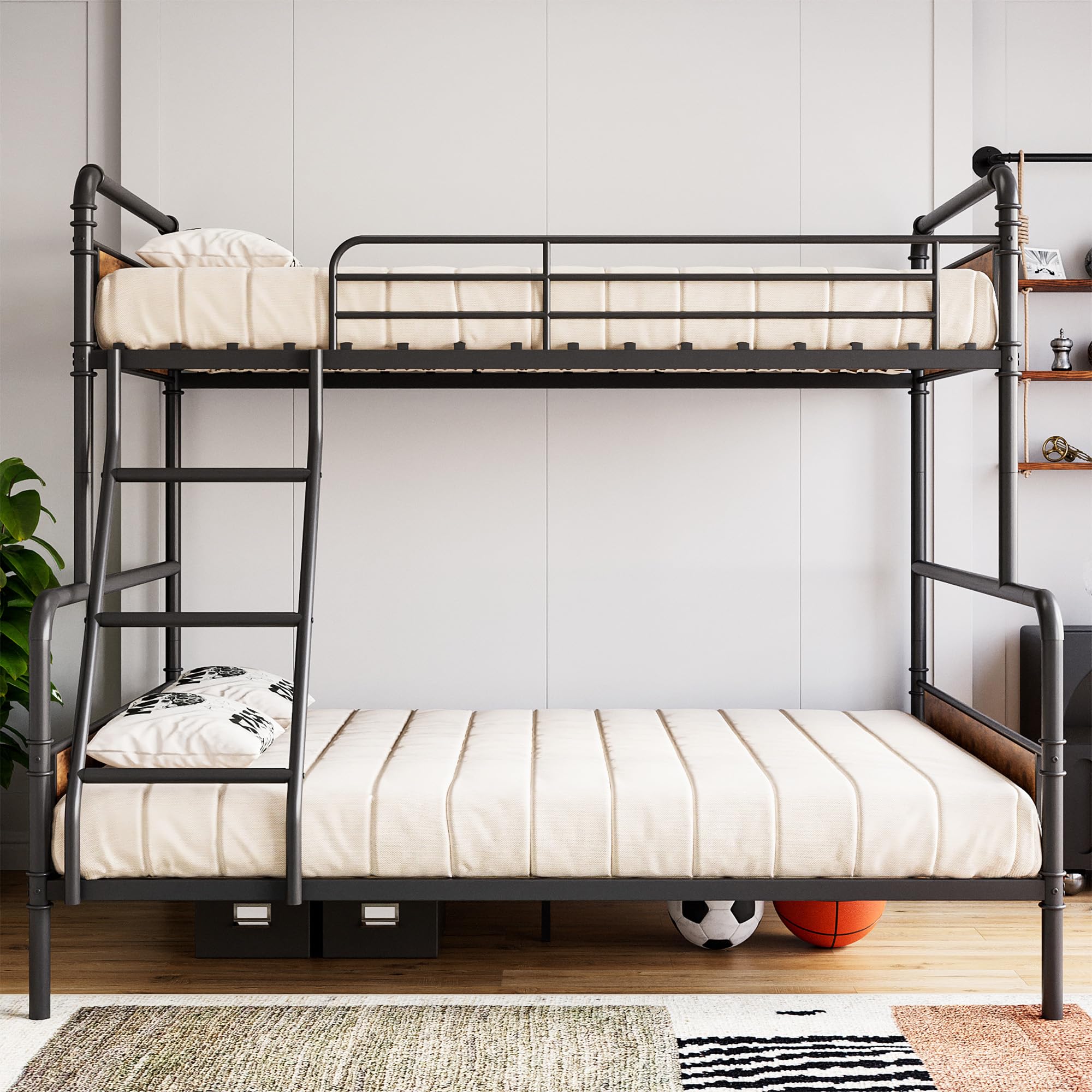 Bunk Bed Twin Over Full Size with High Guardrail and Ladder