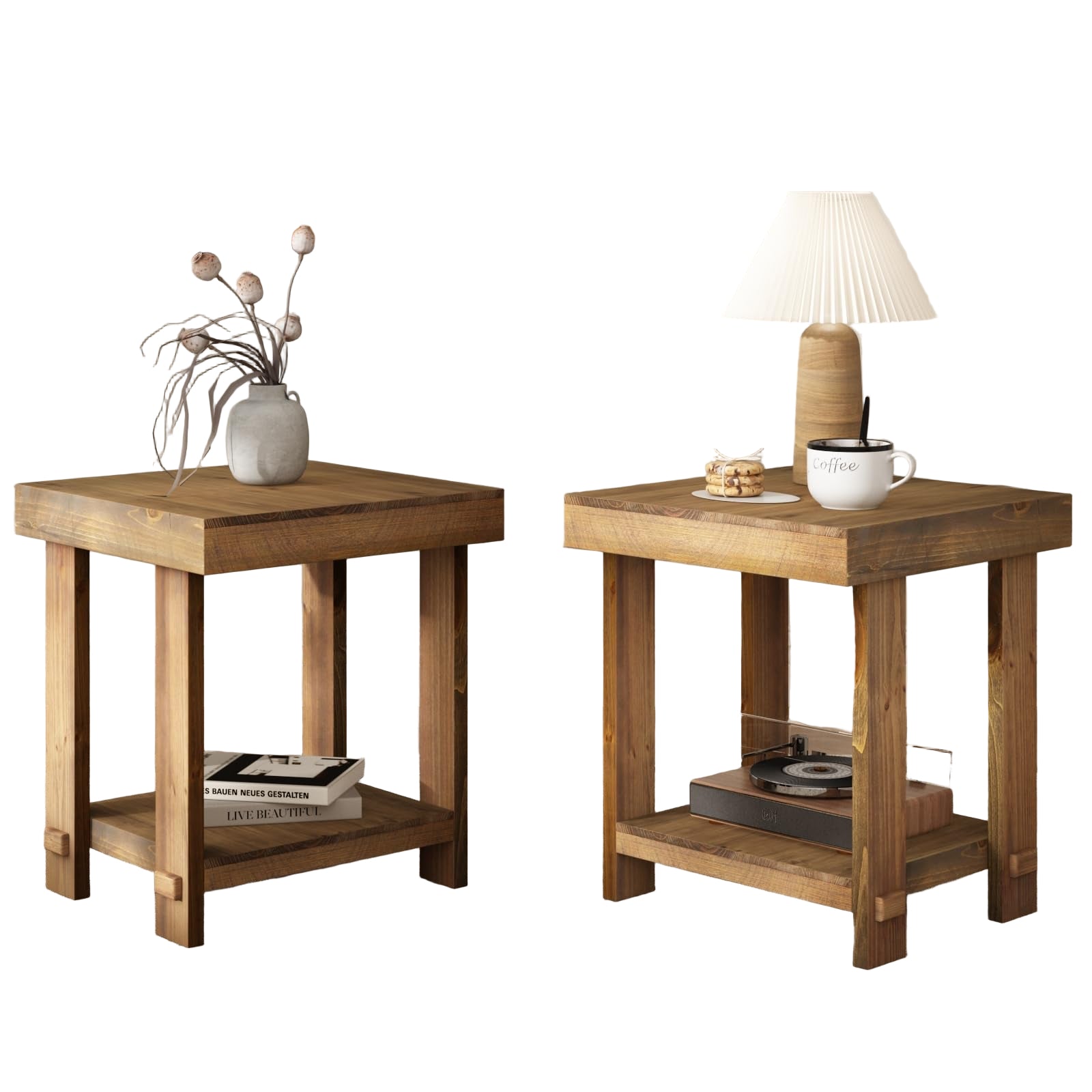 Solid Wood End Table Set of 2-Farmhouse Side Table with 2-Tier Storage Shelf