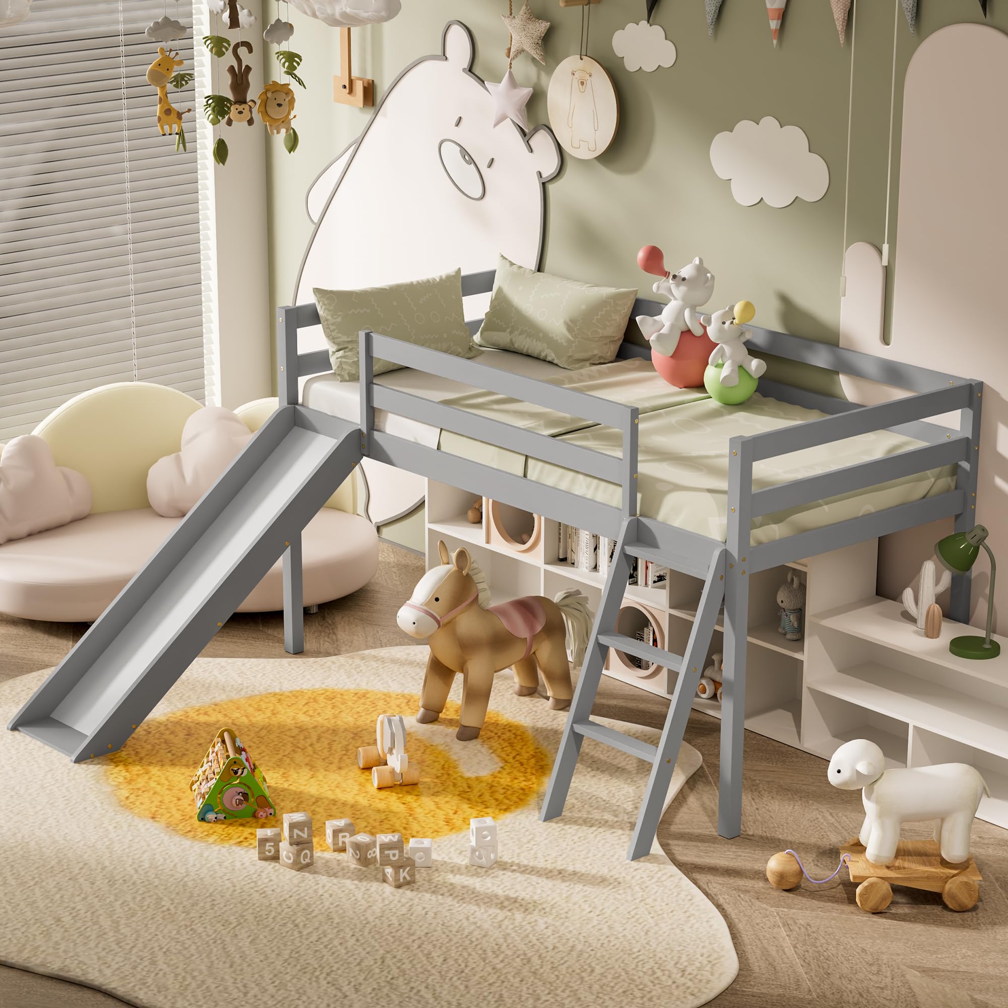 Wood Twin Loft Bed Frame with Climbing Ladder & Storage