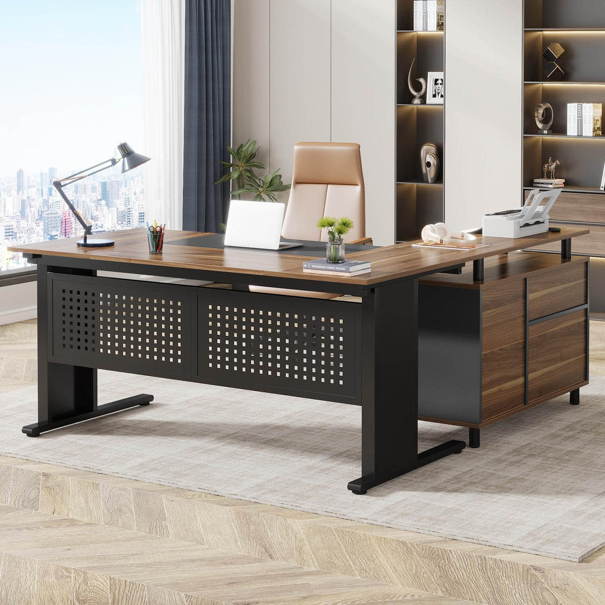 63" L-Shaped Executive Desk with File Cabinet & Storage Shelves