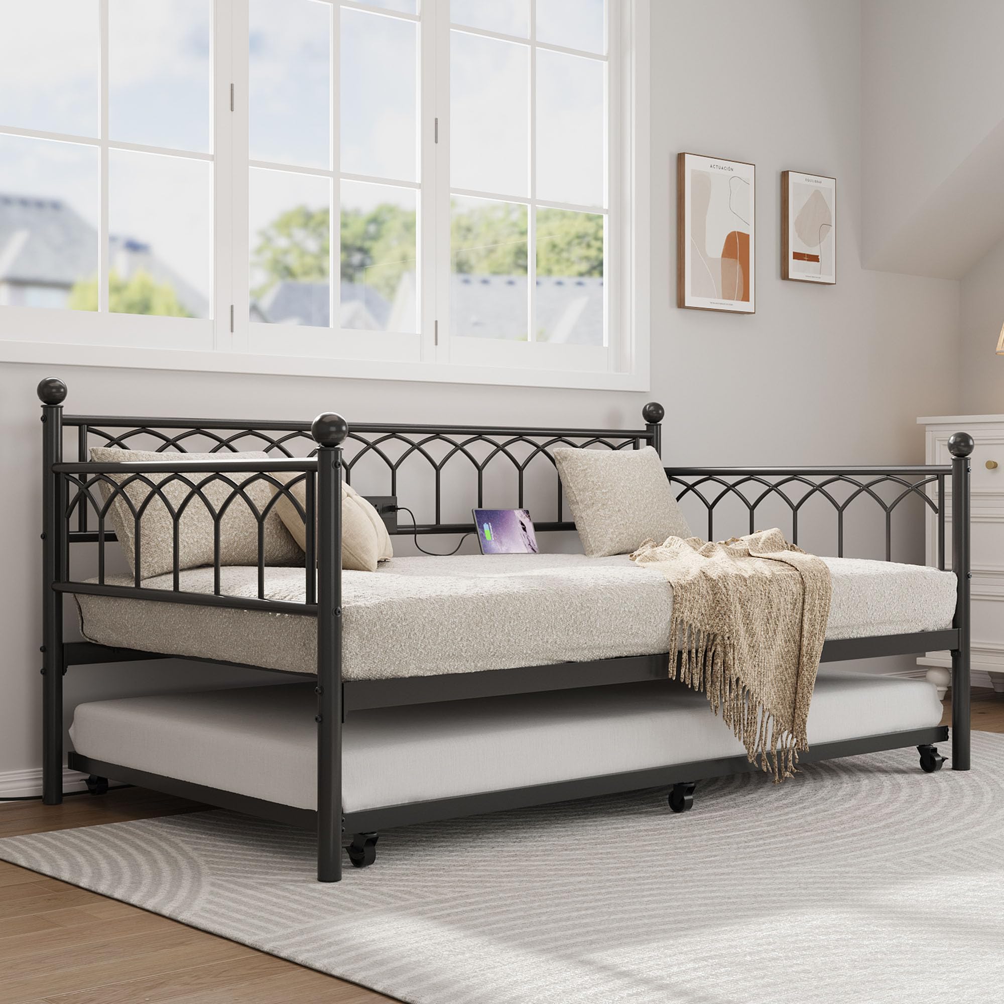 Twin Daybed with Trundle, Day Bed with Charging Station & LED Lights