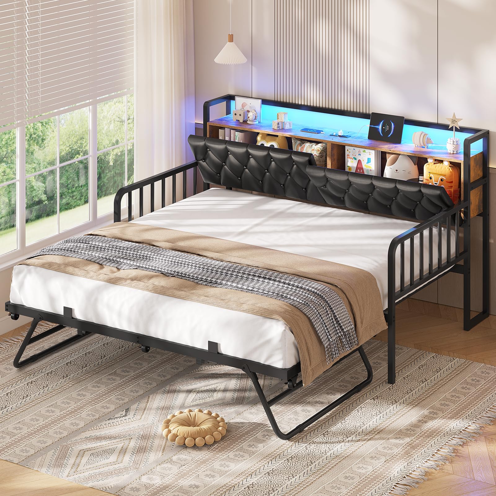Daybed with Trundle, Twin to King Daybed with Charging Station & LED Lights