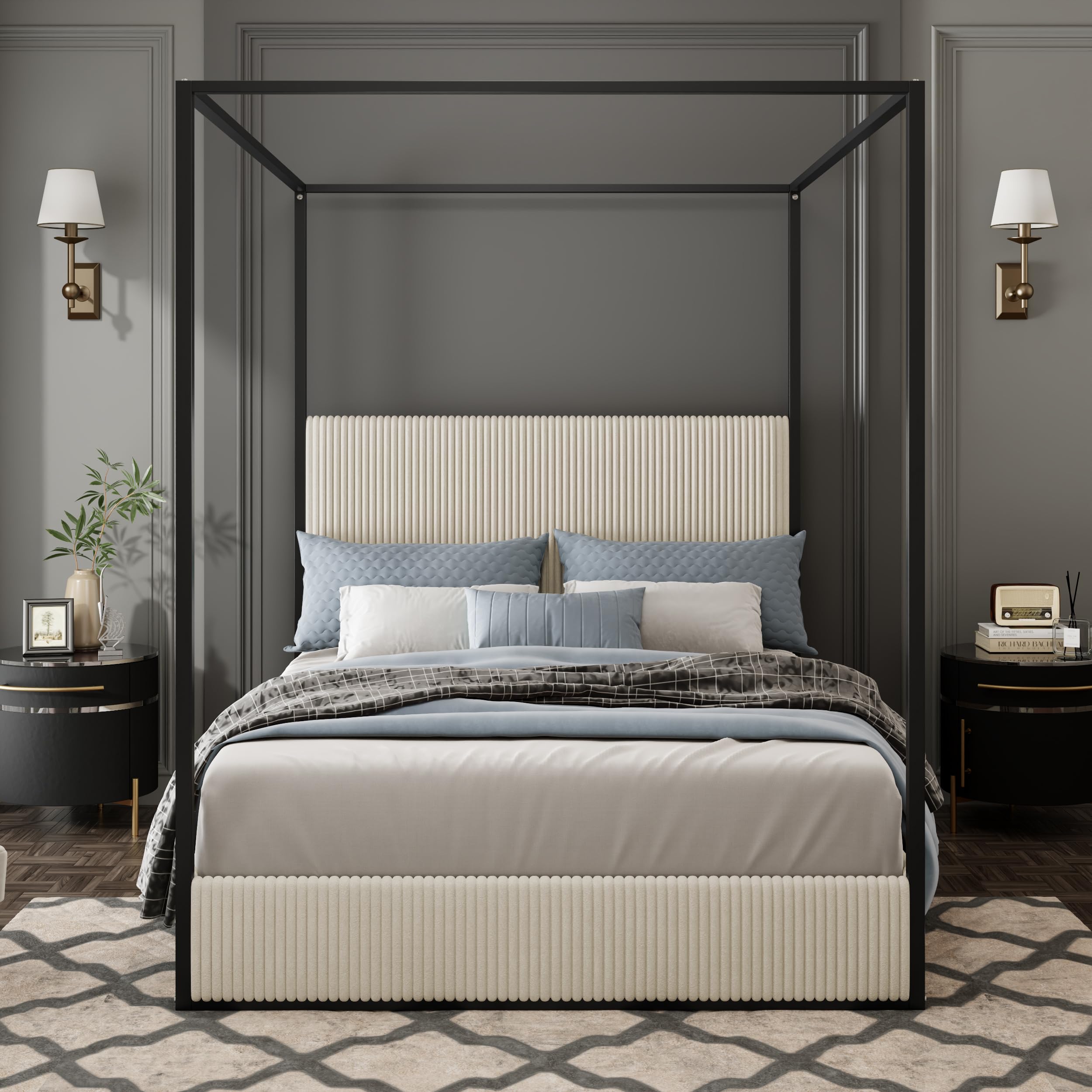 Modern Luxury Queen Metal Canopy Bed with Tall Upholstered Headboard