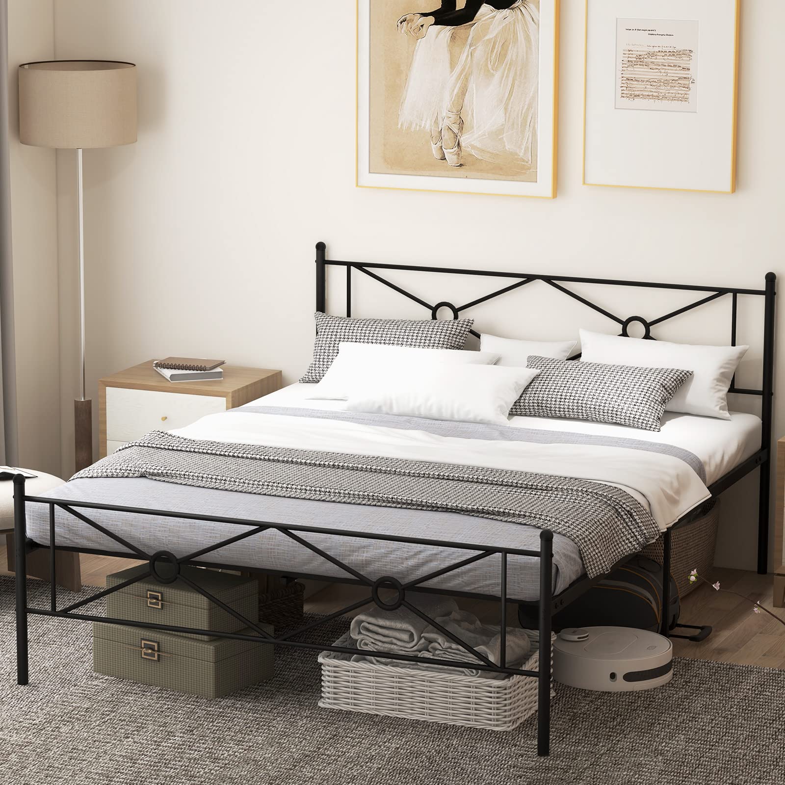 Queen Size Metal Platform Bed Frame with Vintage Headboard and Footboard
