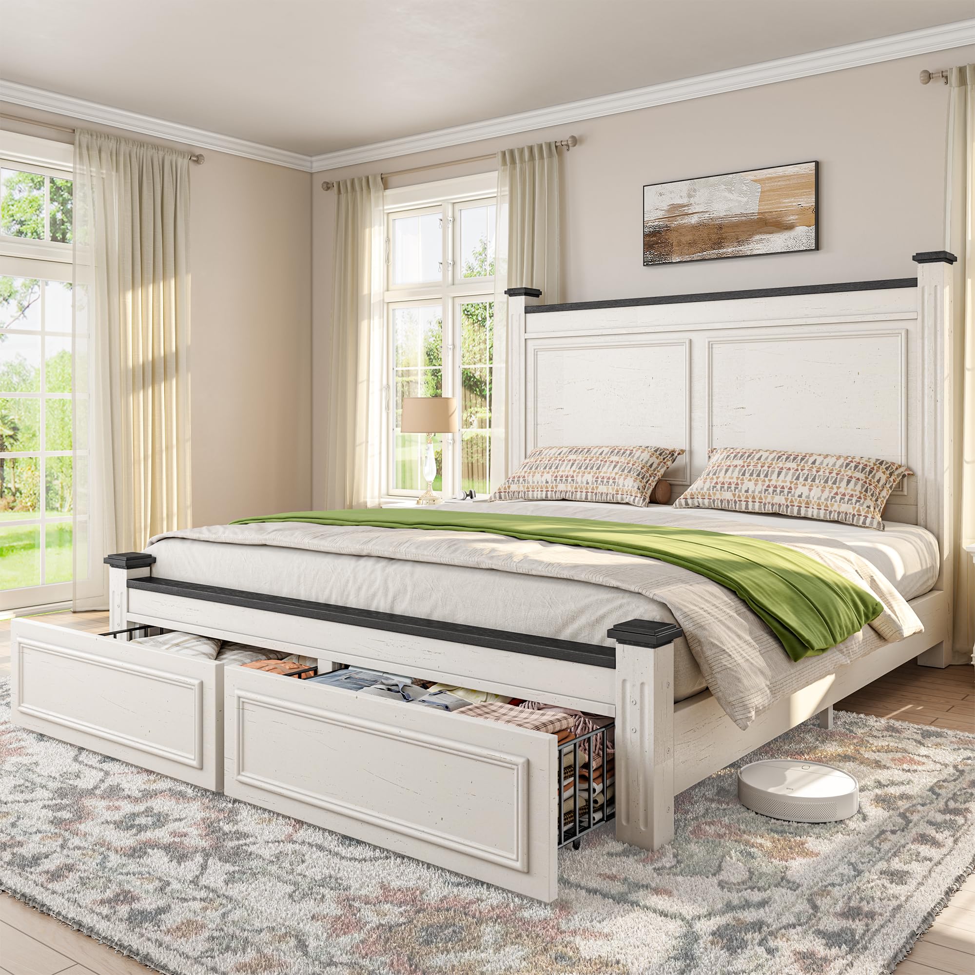 Full Size Bed Frame with Storage Drawers and 51.25" H Headboard, Modern Full Bed Frame