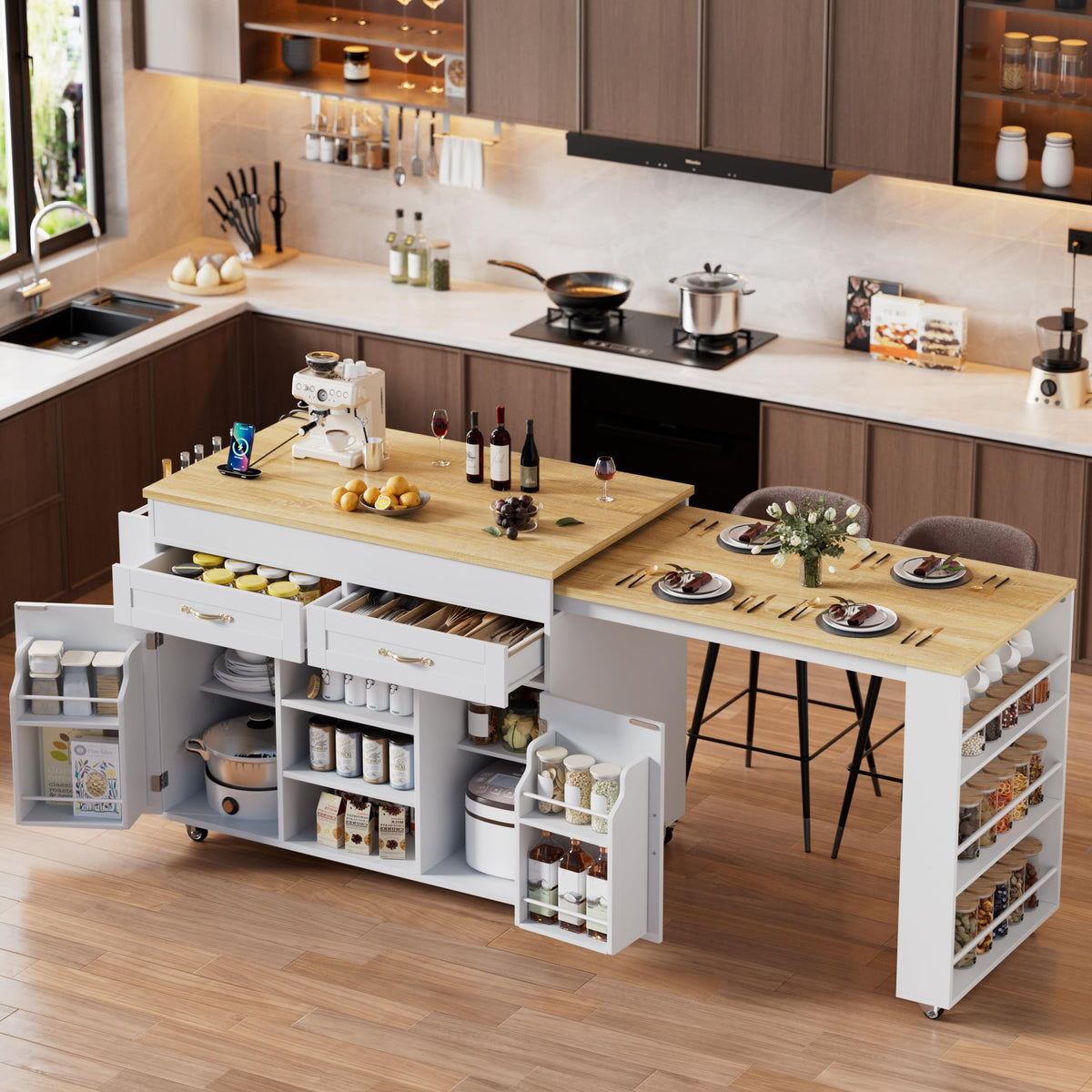 Expandable Kitchen Island with Storage & Dining Table