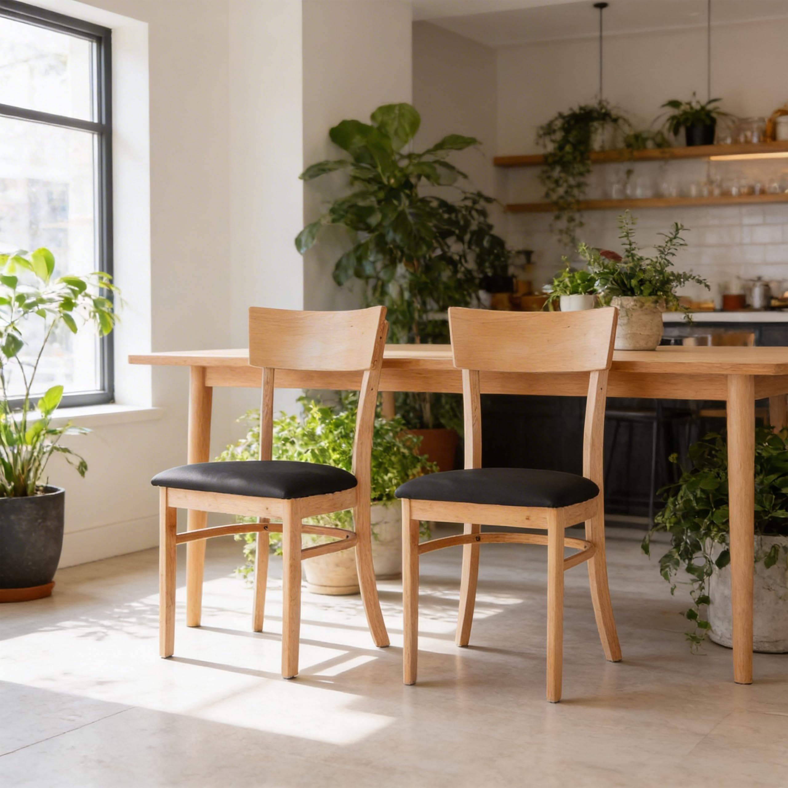 Solid Wood Dining Chairs with PU Leather Seat, Set of 2