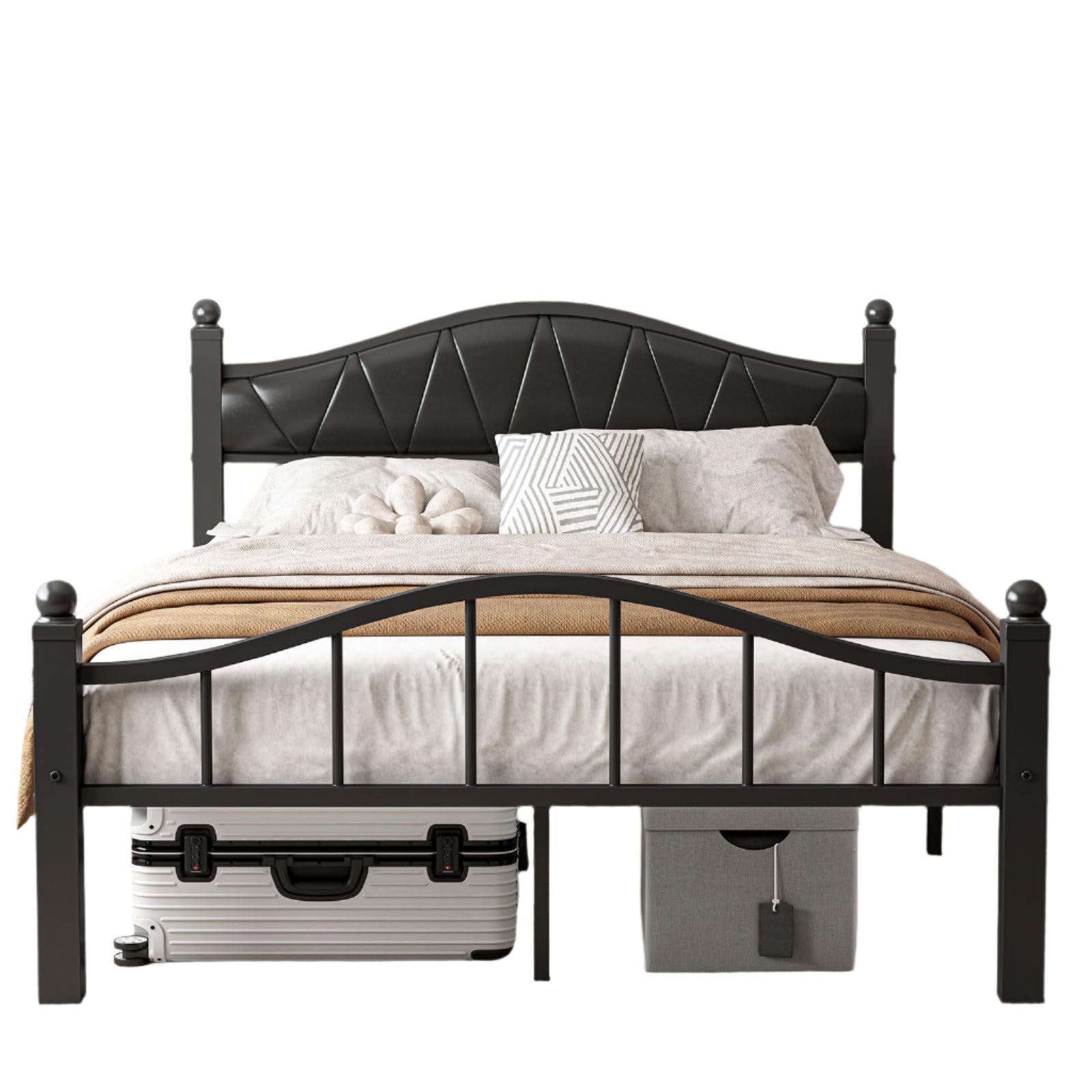 Metal Full Size Bed Frame with Fabric Upholstered Headboard