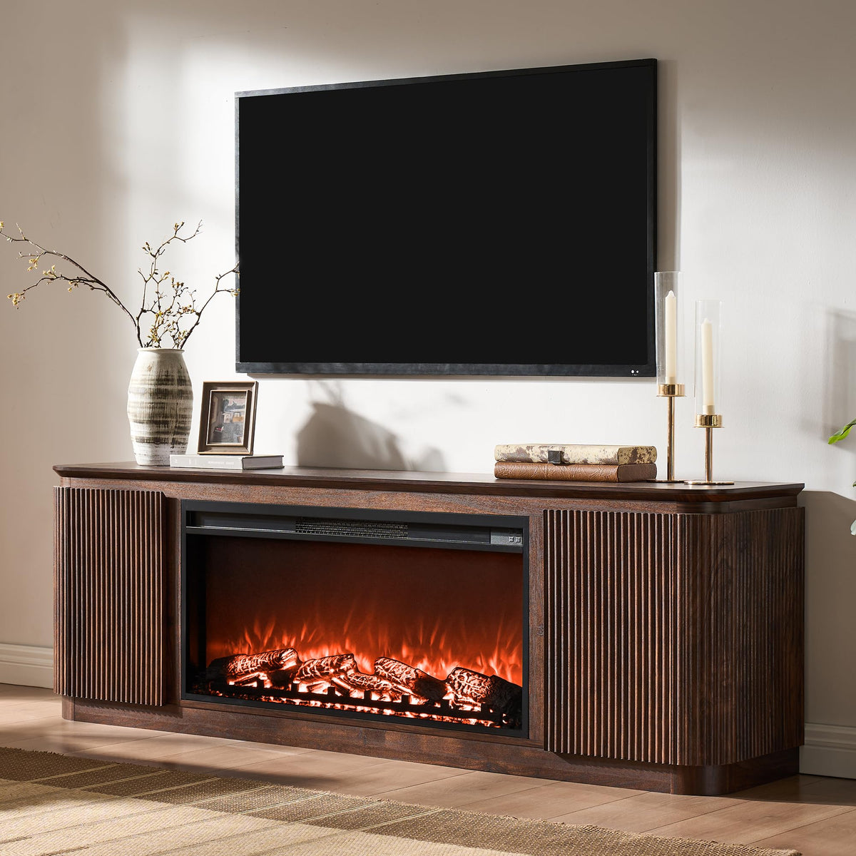 70" Fluted Fireplace TV Stand in Dark Walnut