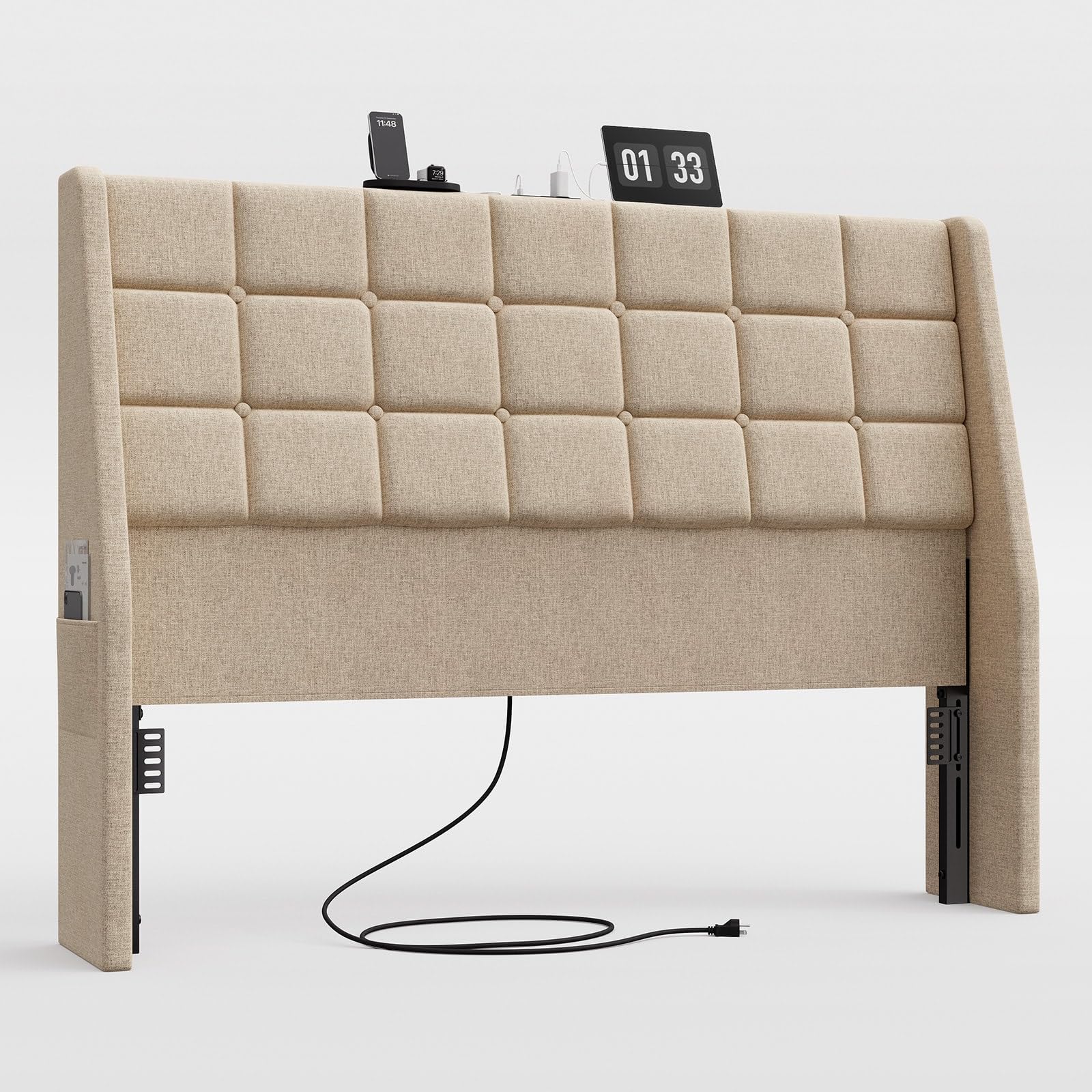 Ergonomic Upholstered Headboard Queen Size w/Charging Station