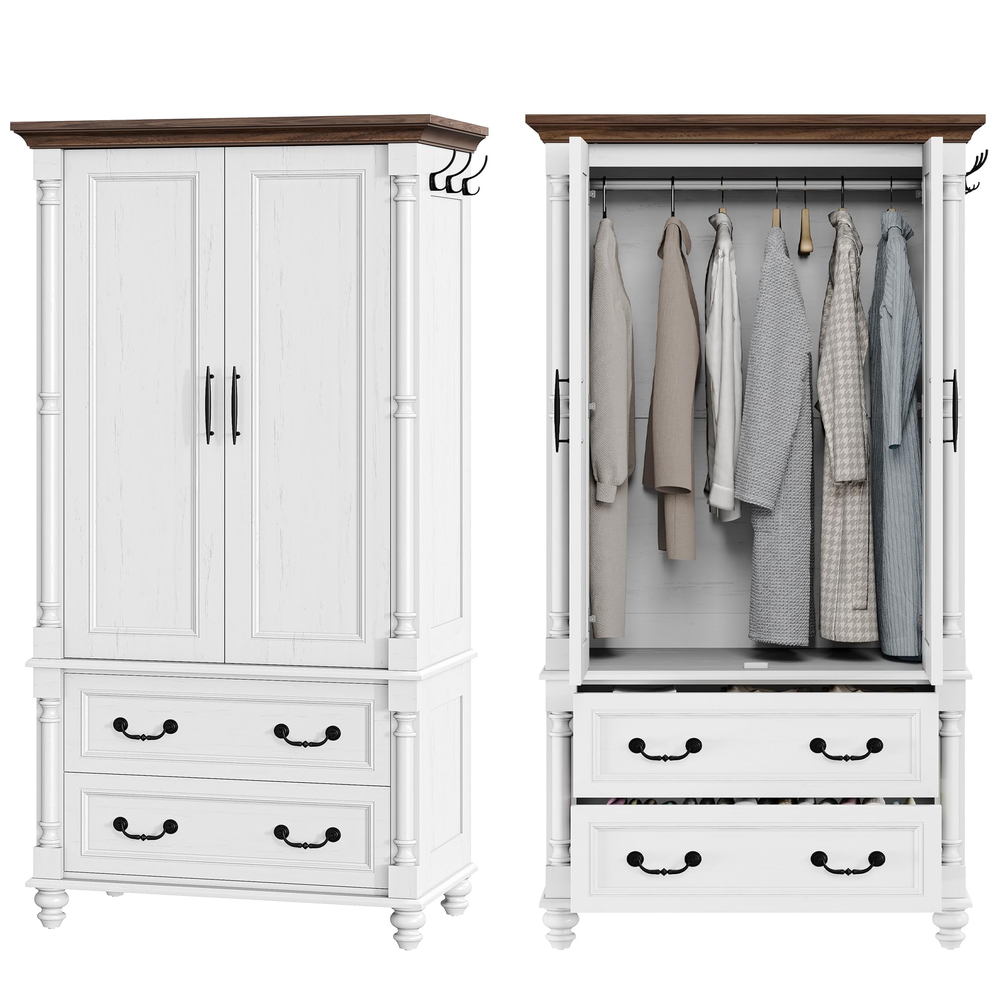 Farmhouse Armoire Wardrobe Closet with 2 Doors and 2 Drawers, 70" H x 36" W