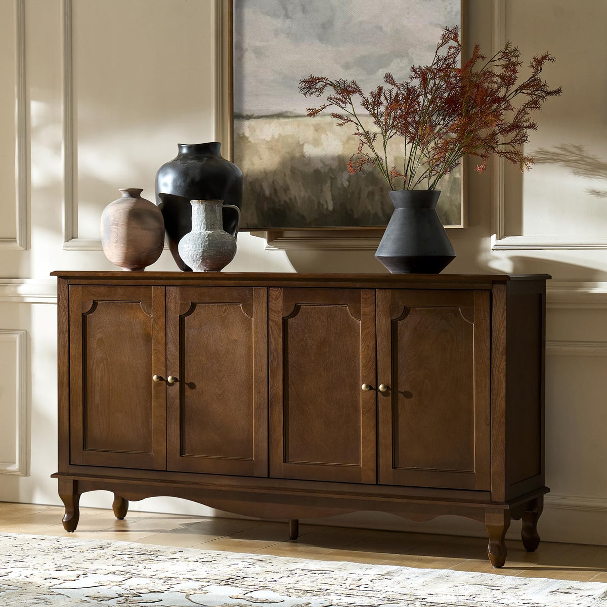 HULALA HOME Sideboard Buffet Cabinet with Storage, 58" Kitchen Farmhouse Wood Credenza Storage Cabinet with 4 Doors & 2 Shelves, Accent Console Table with Solid Wood Legs & Adjustable Shelves, Walnut