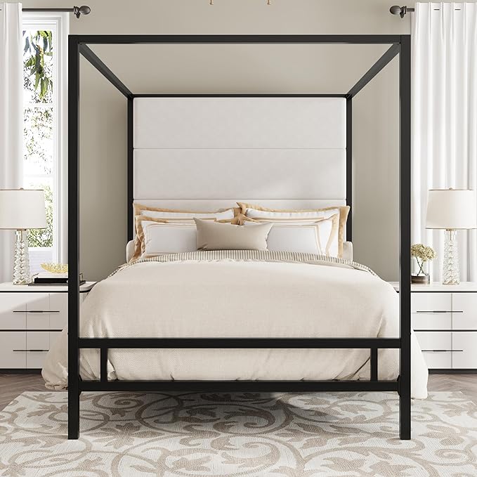 Queen Size Canopy Bed with Tall Velvet Fabric Upholstered Headboard
