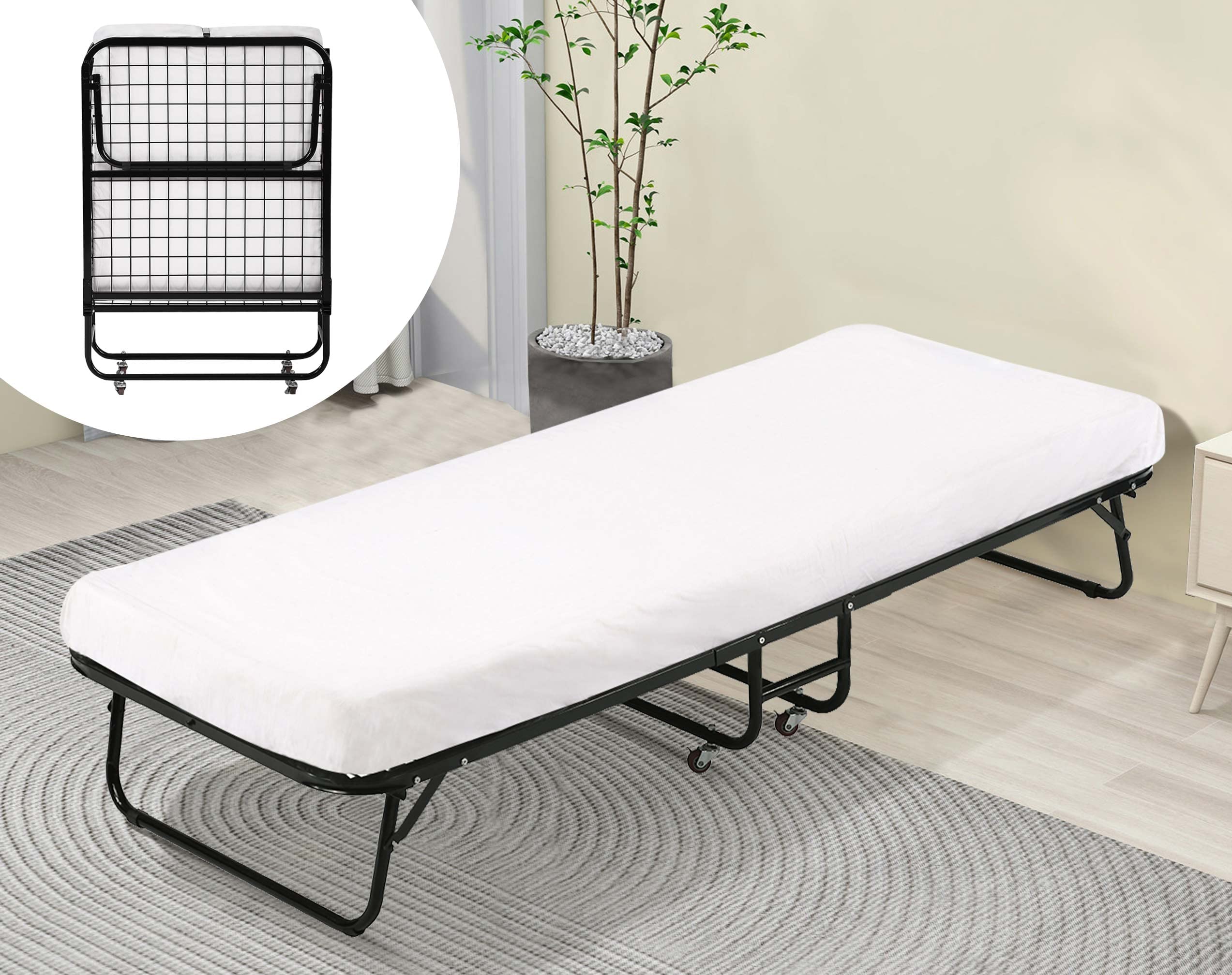 Twin Bed Frames with Rolling wheel, Portable Foldable Guest Bed